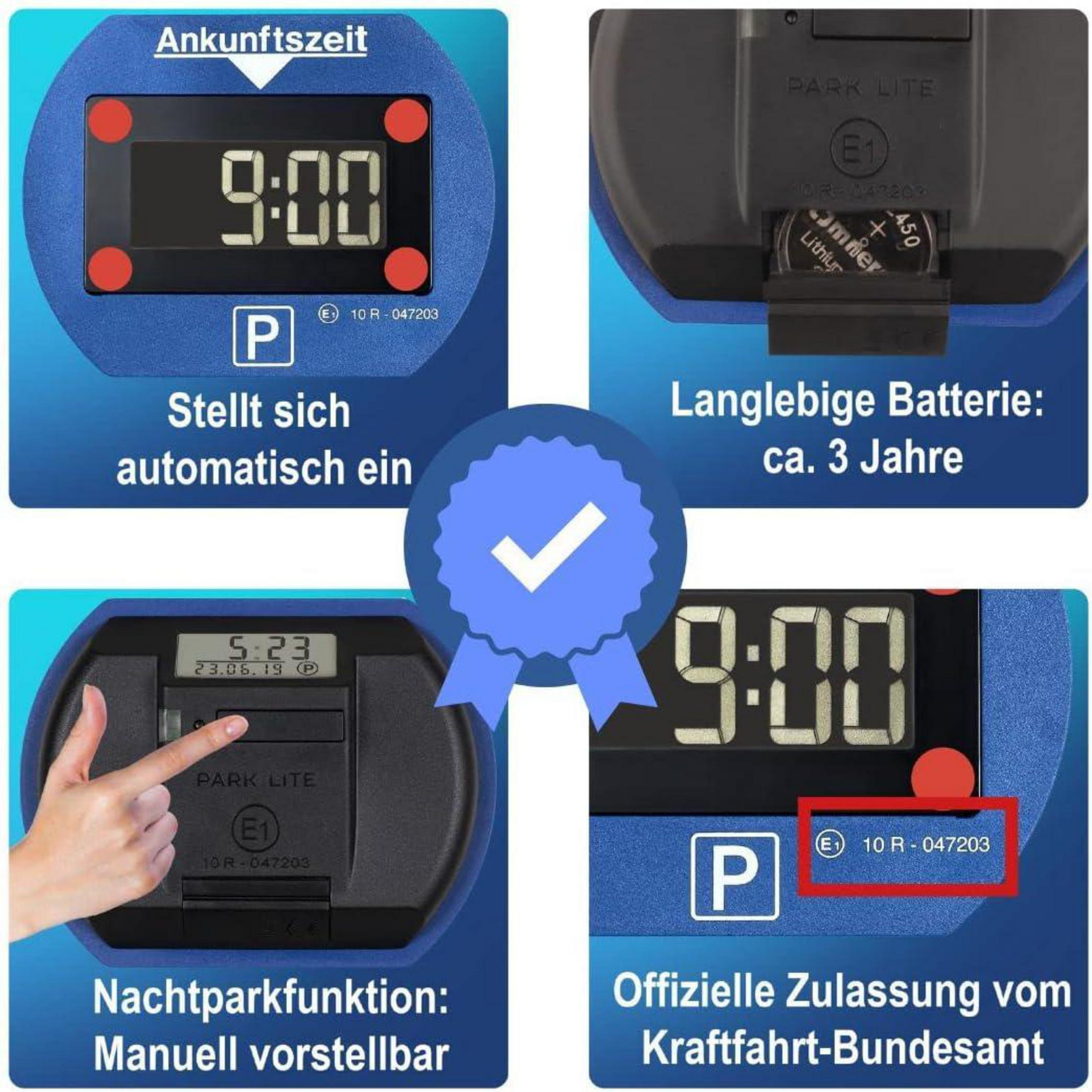Eine Parkscheibe zeigt 9:00 Uhr mit einem Häkchen. Andere Bilder zeigen die Zeiteinstellung und die offizielle Genehmigung.
