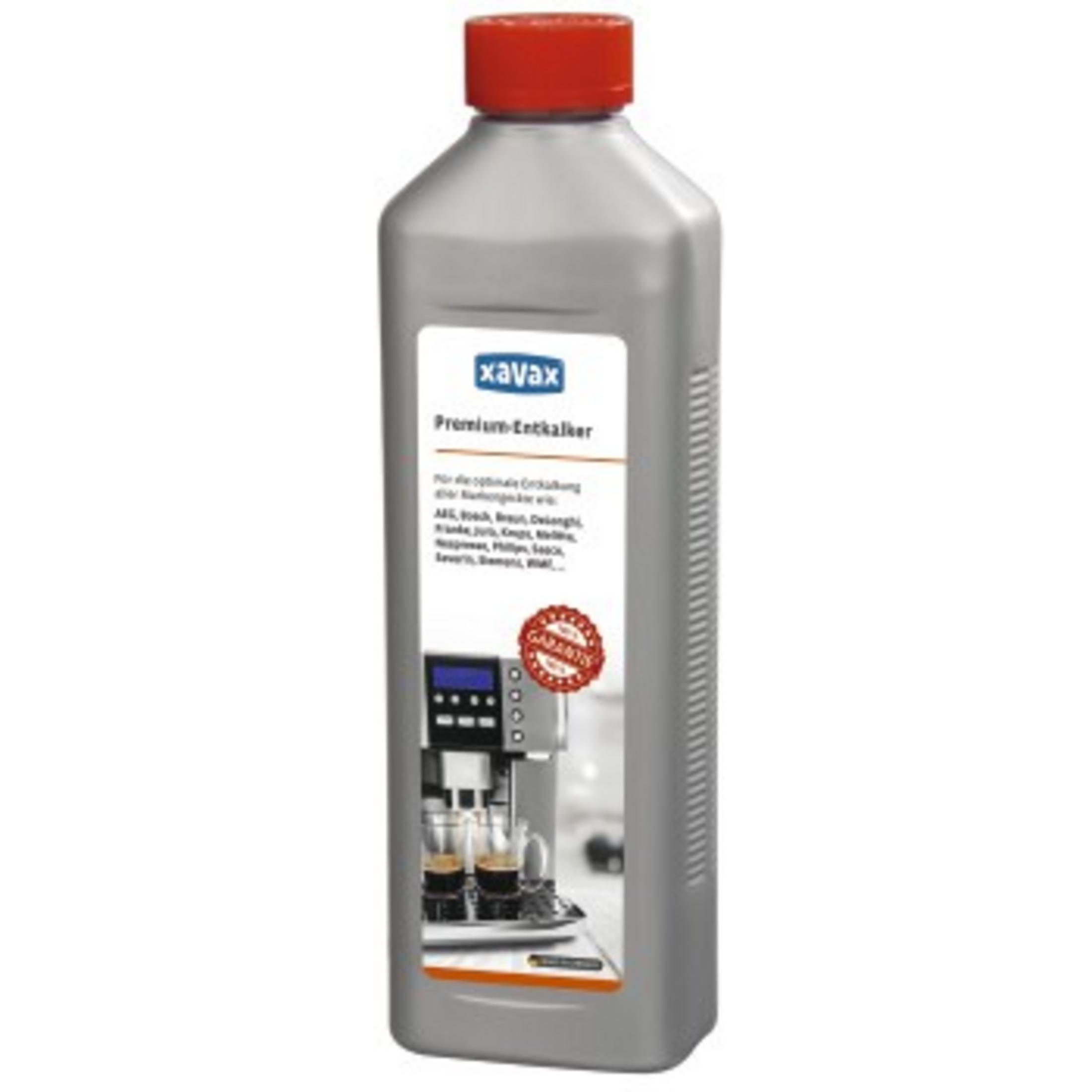 Flasche Entkalker mit Etikett, das eine Kaffeemaschine zeigt.