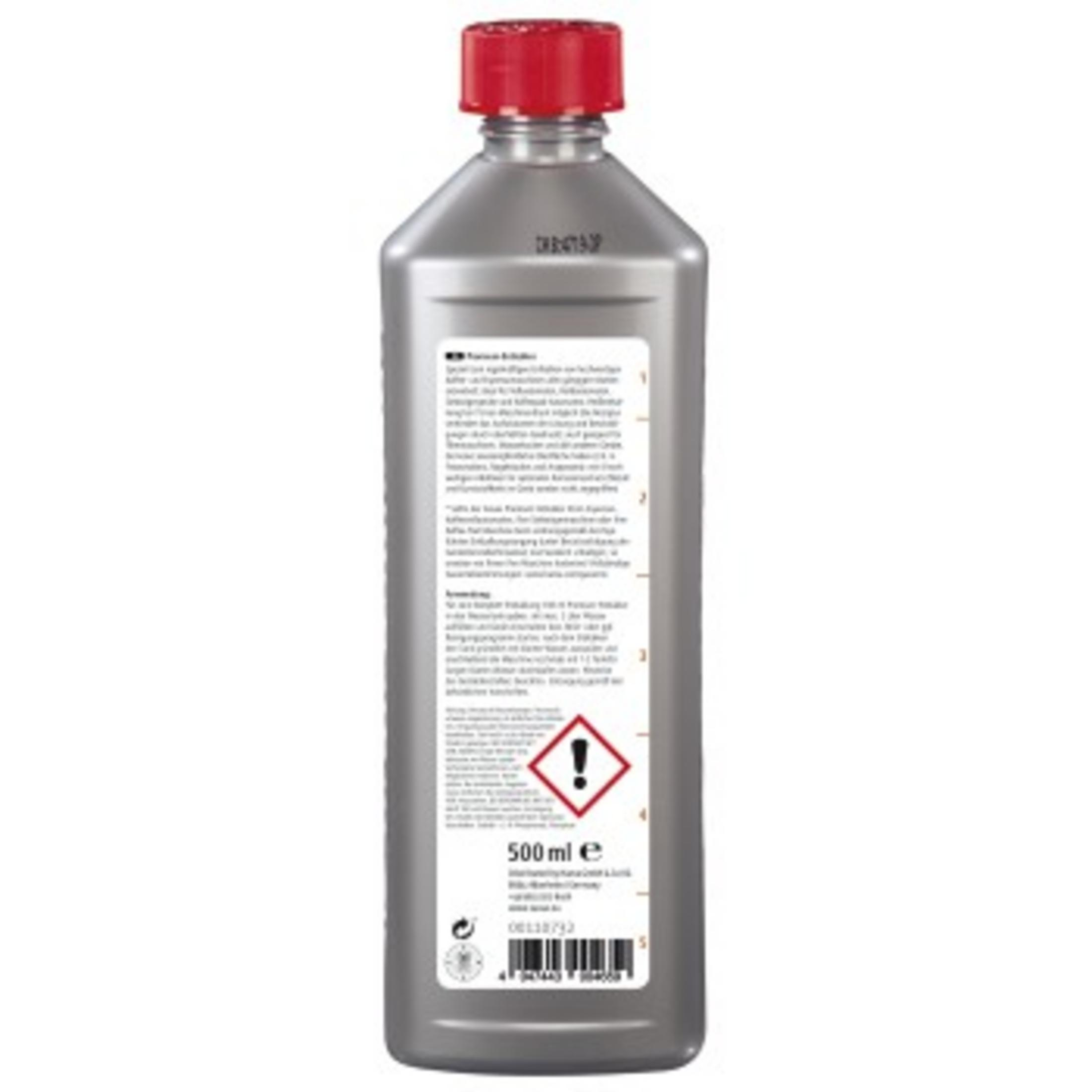 Graue Flasche mit rotem Deckel, gefüllt mit Flüssigkeit. Etikett mit Text in mehreren Sprachen.