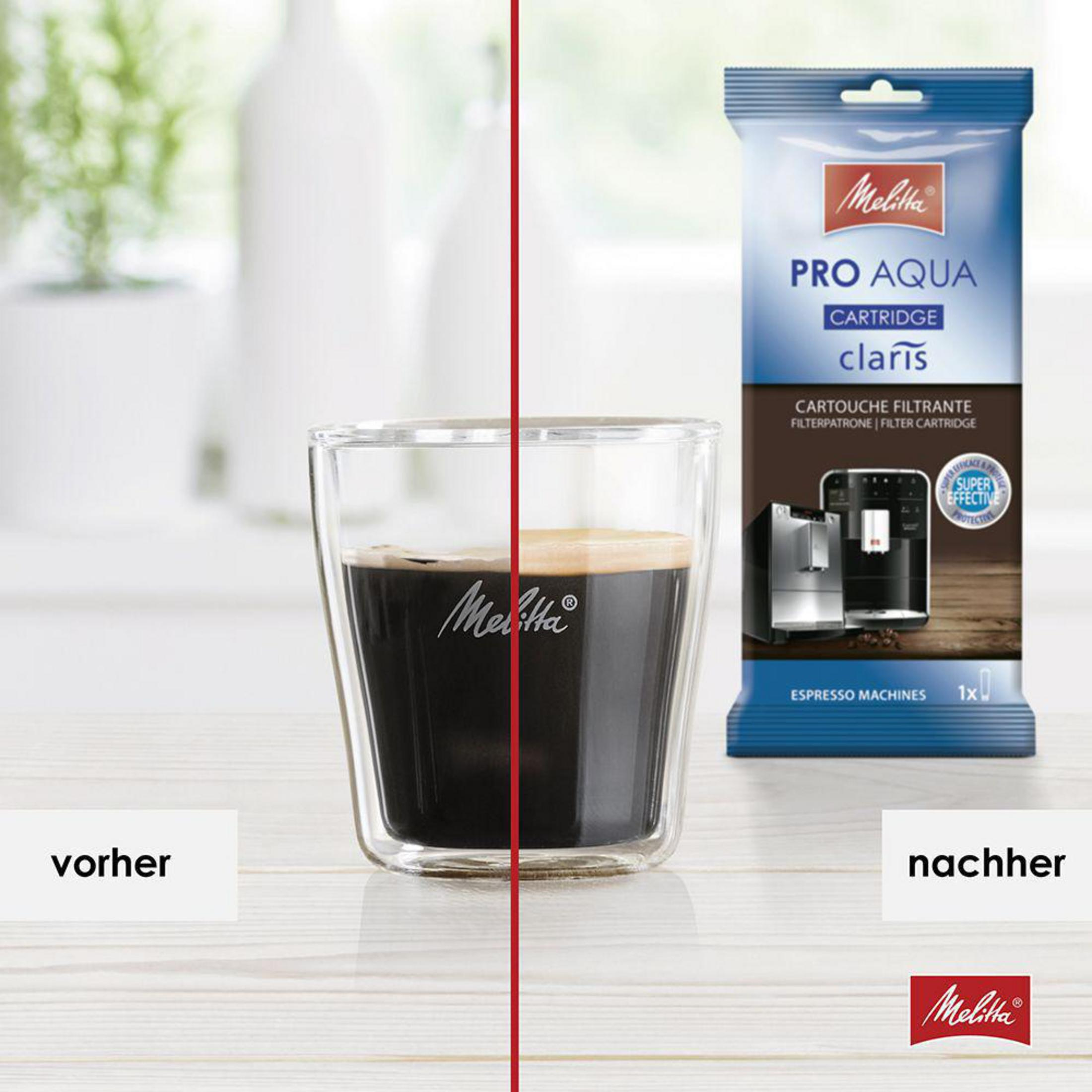 Vergleich von Kaffee: vor und nach einem Filter, mit Melitta Kaffeepackung.