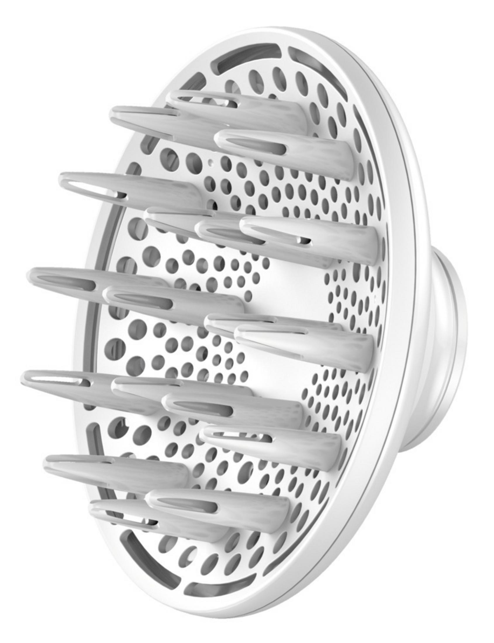 Biała nasadka dyfuzora do suszarki do włosów, widok z bliska.