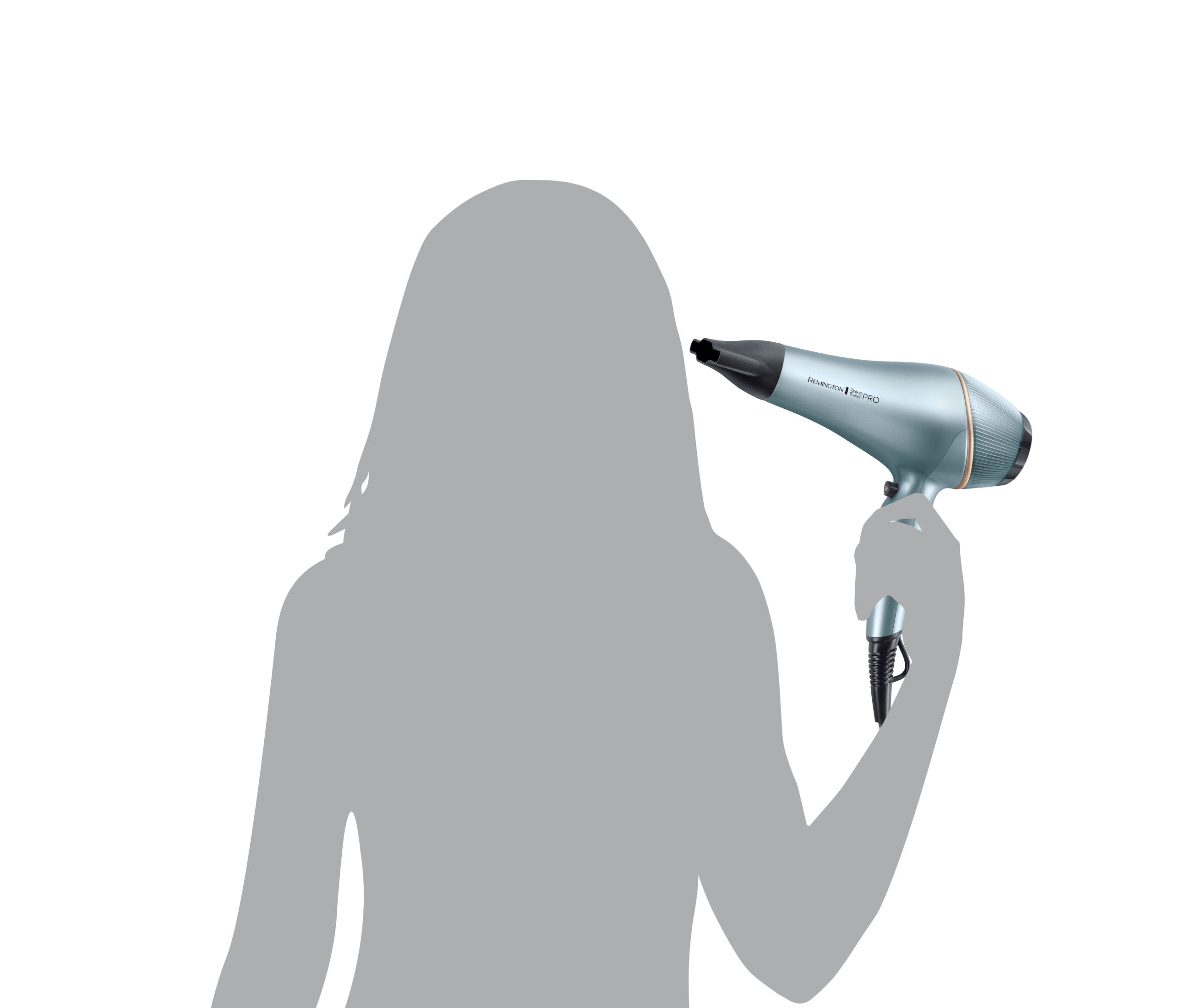 Sylwetka osoby trzymającej niebiesko-srebrną suszarkę do włosów. Tło jest białe.