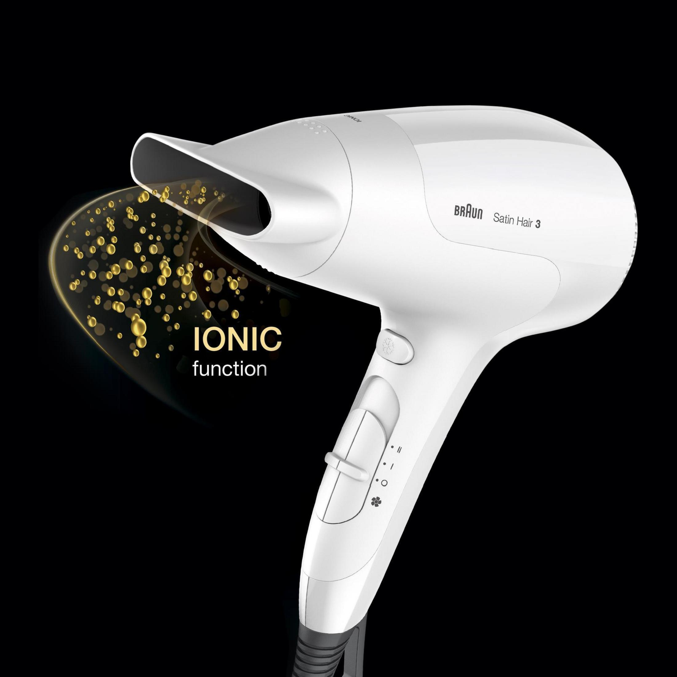 Phon bianco con 'Braun Satin Hair 3' e la parola 'IONIC' con effetto particelle d'oro.