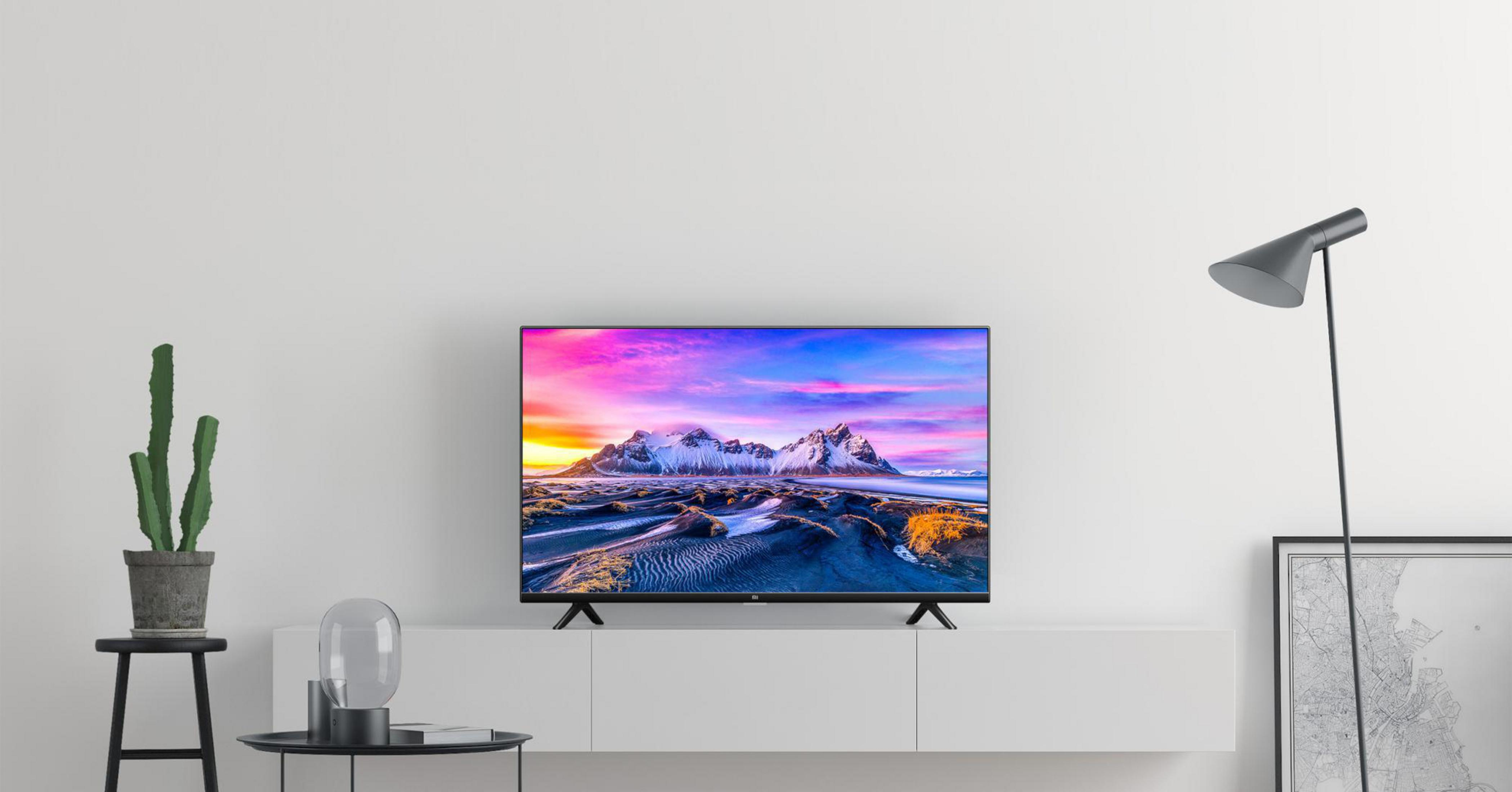 Tv op witte kast. Kleurrijk landschap op scherm. Cactus en lamp op bijzettafel.