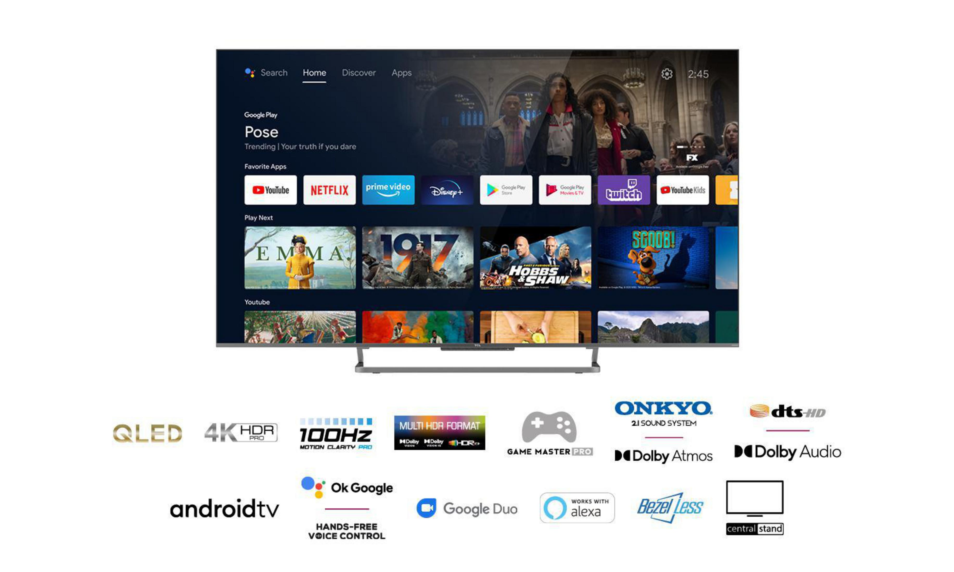 Grand écran de télévision avec plusieurs applications et fonctionnalités. Logos QLED, Android TV, etc.