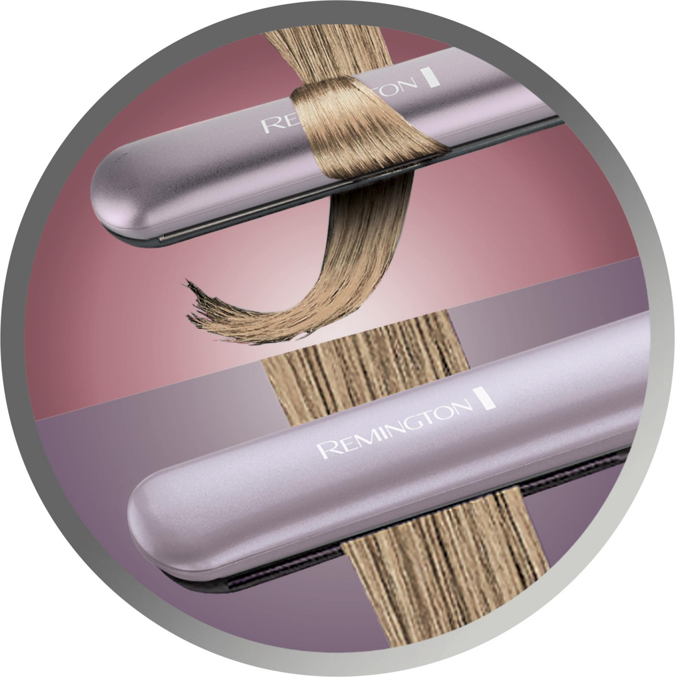 Due piastre per capelli con ciocche di capelli, entrambe viola e grigie.