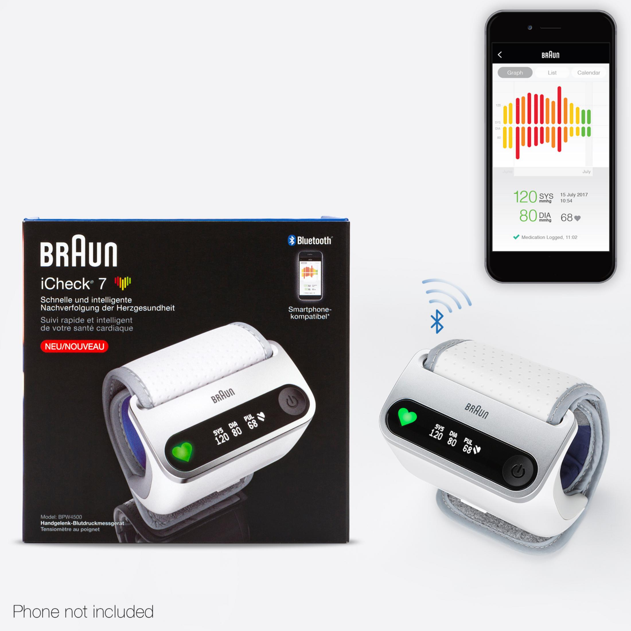 Un monitor de presión arterial con un teléfono inteligente mostrando datos de salud por Bluetooth.