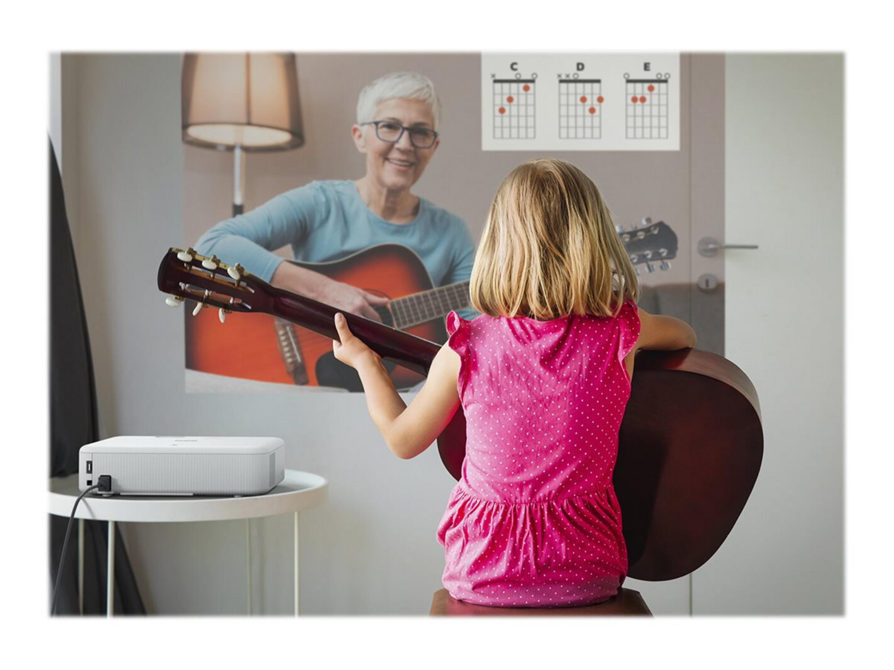 Dziewczynka przed ekranem projektora z kobietą uczącą akordów gitarowych.