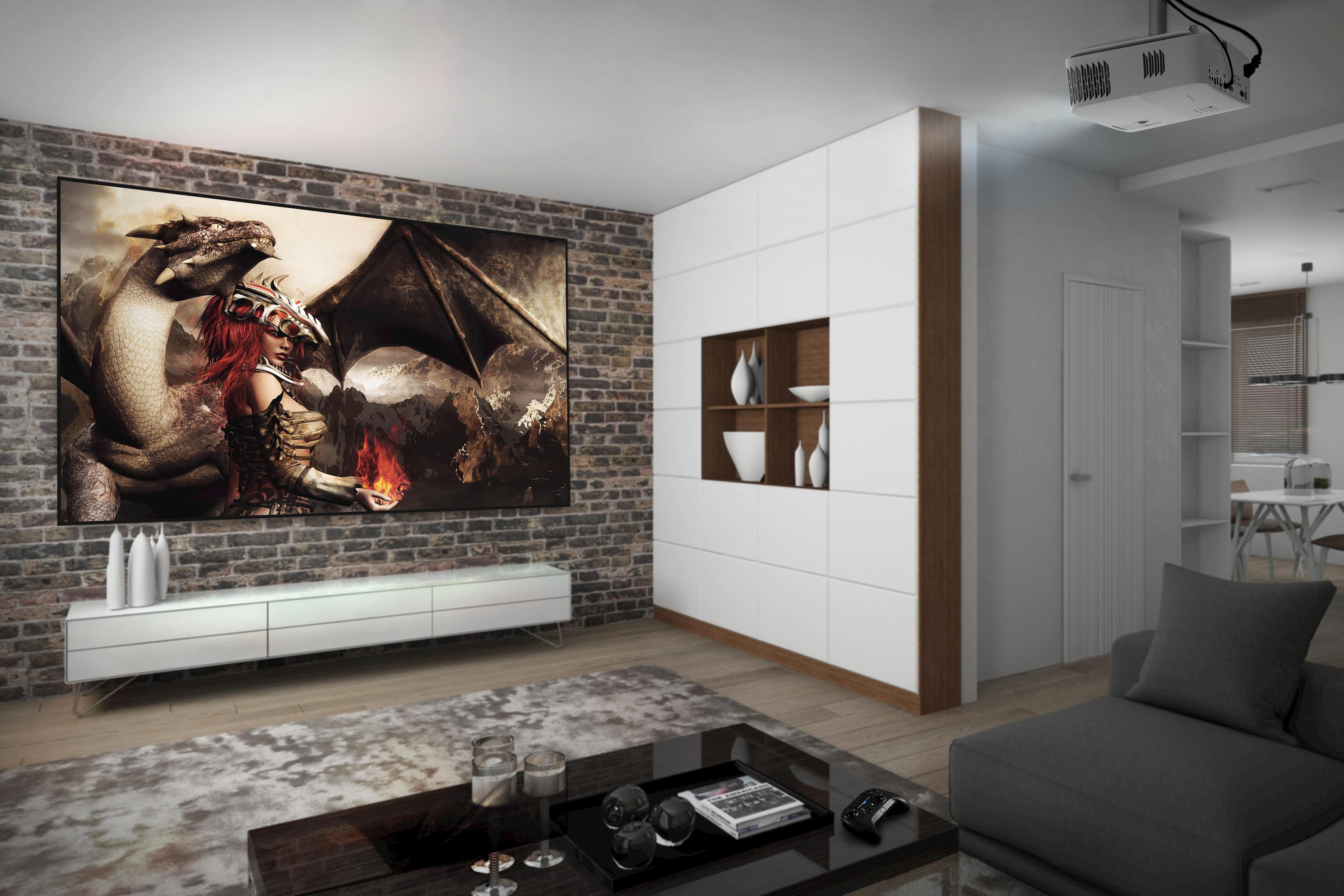 Salón con imagen de fantasía proyectada en pared de ladrillo.