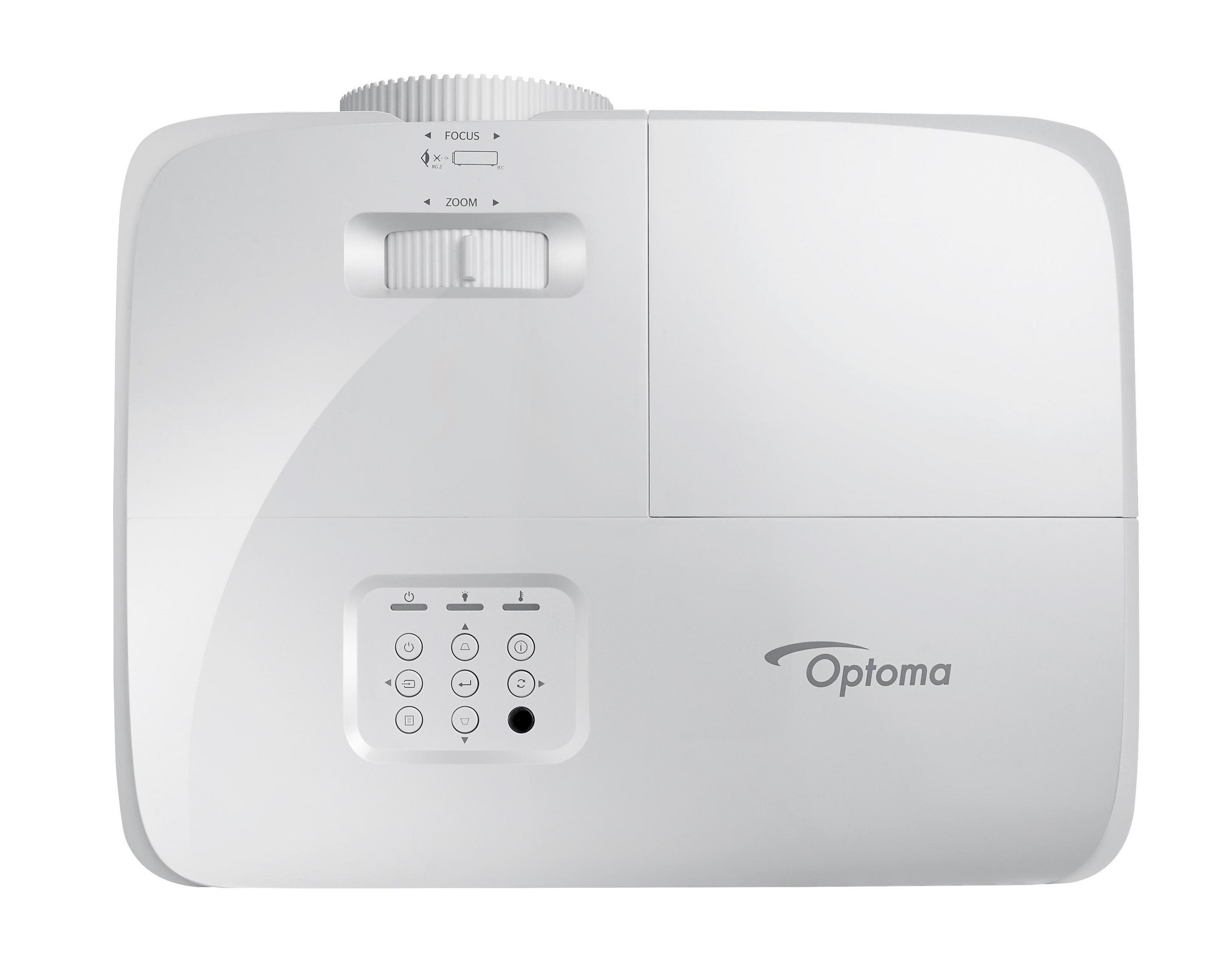 Proyector blanco con botones y controles. Vista superior, aislado sobre blanco. Visible la palabra Optoma.