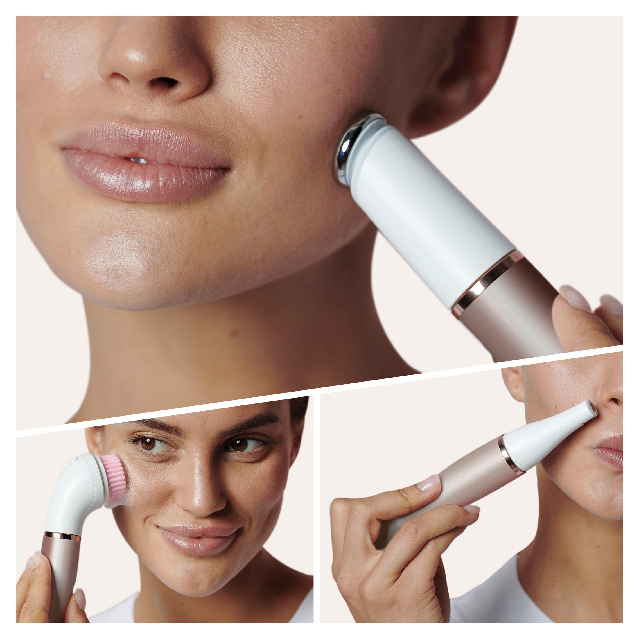 Kobieta używa urządzenia do oczyszczania twarzy na swojej twarzy. Na kolażu znajdują się 3 obrazy.