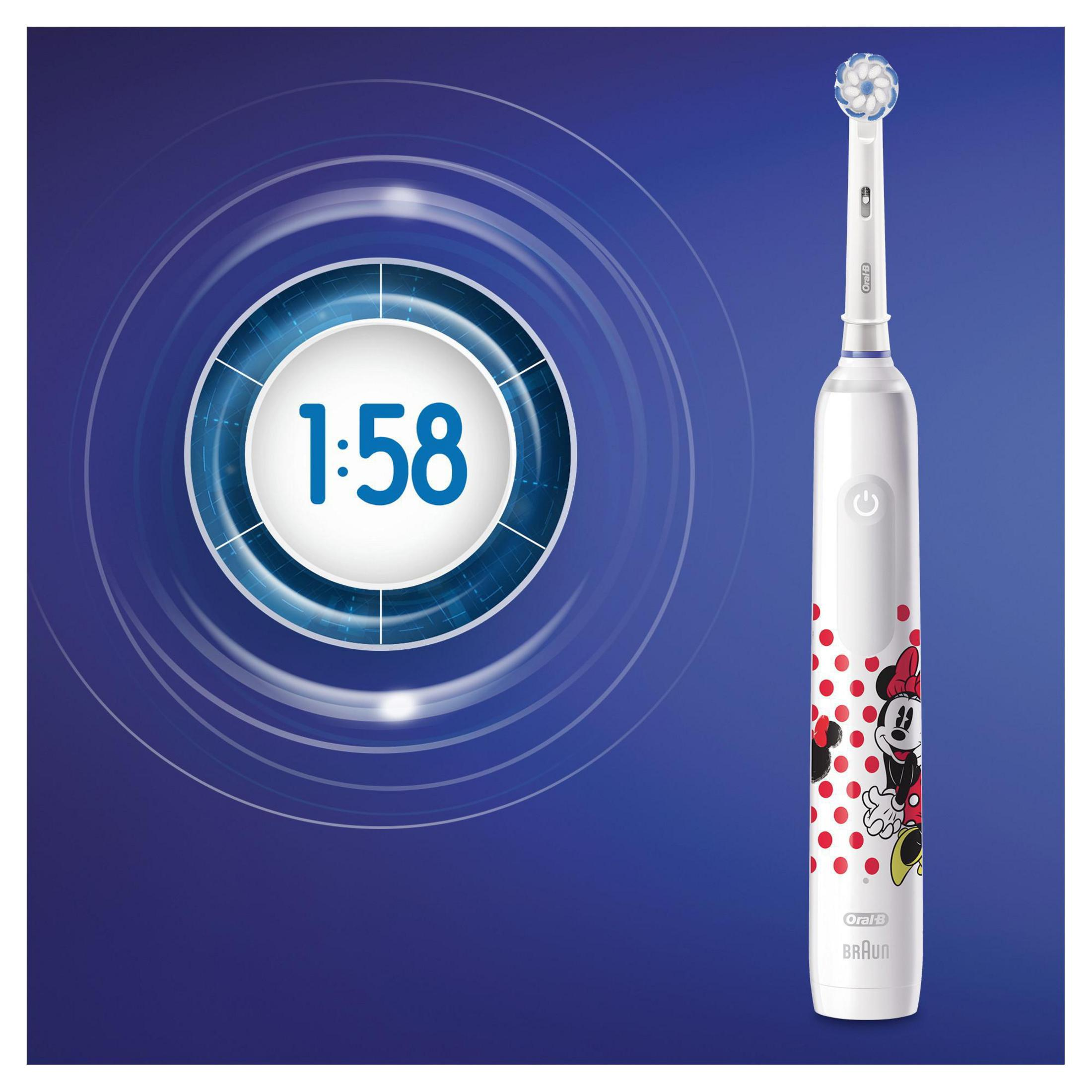 Uno spazzolino elettrico con design di Minnie Mouse. Un timer mostra 1:58. Sfondo blu.