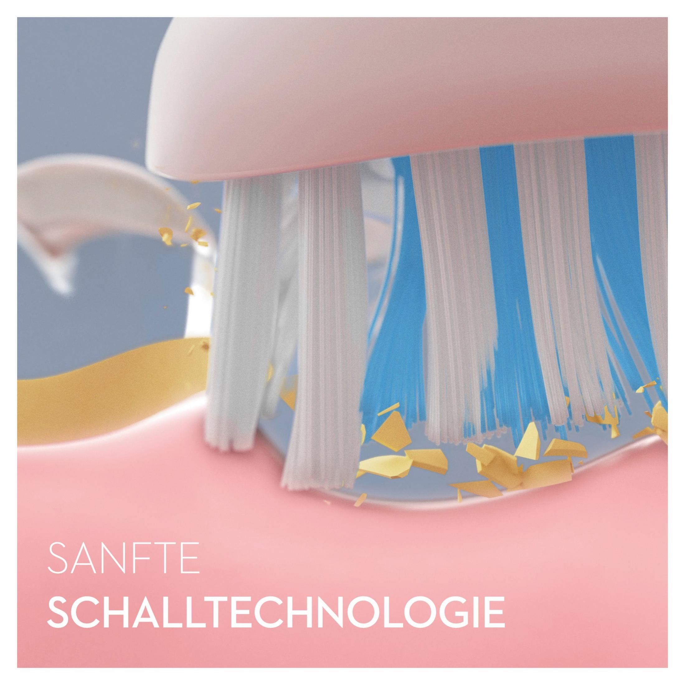 Zbliżenie na główkę szczoteczki do zębów z białym, niebieskim włosiem. Różowe otoczenie. Tekst mówi 'SANFTE SCHALLTECHNOLOGIE'.