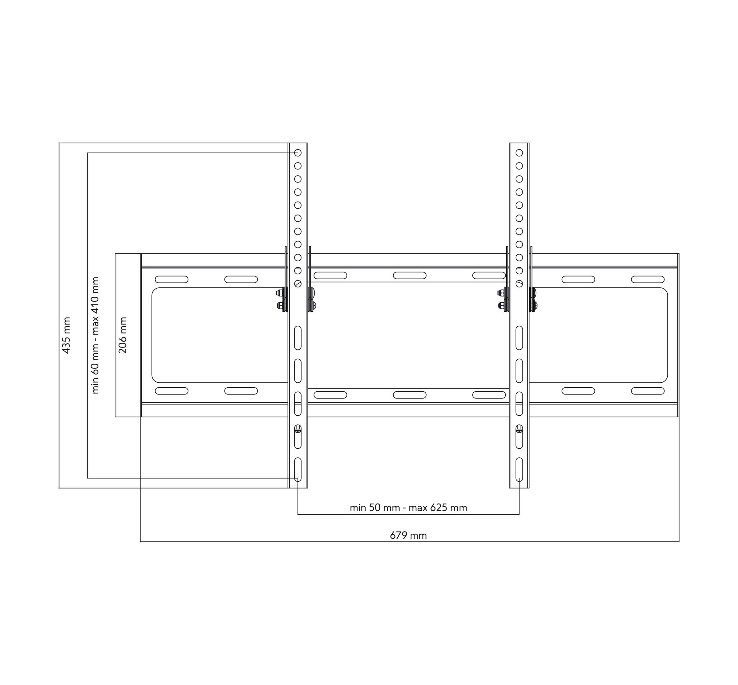 Diagramm einer TV-Halterung, einschließlich Abmessungen. Es zeigt eine Halterung und Löcher.