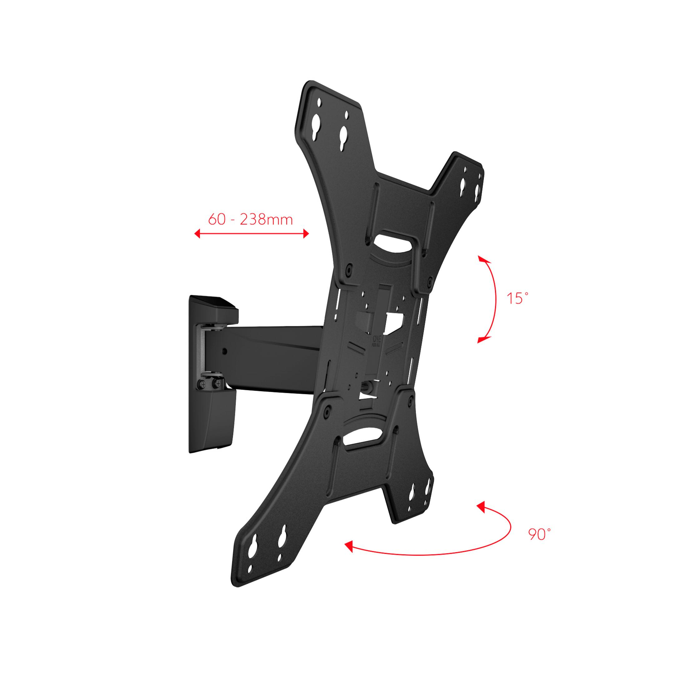 Soporte de pared para TV negro con medidas y ángulos.