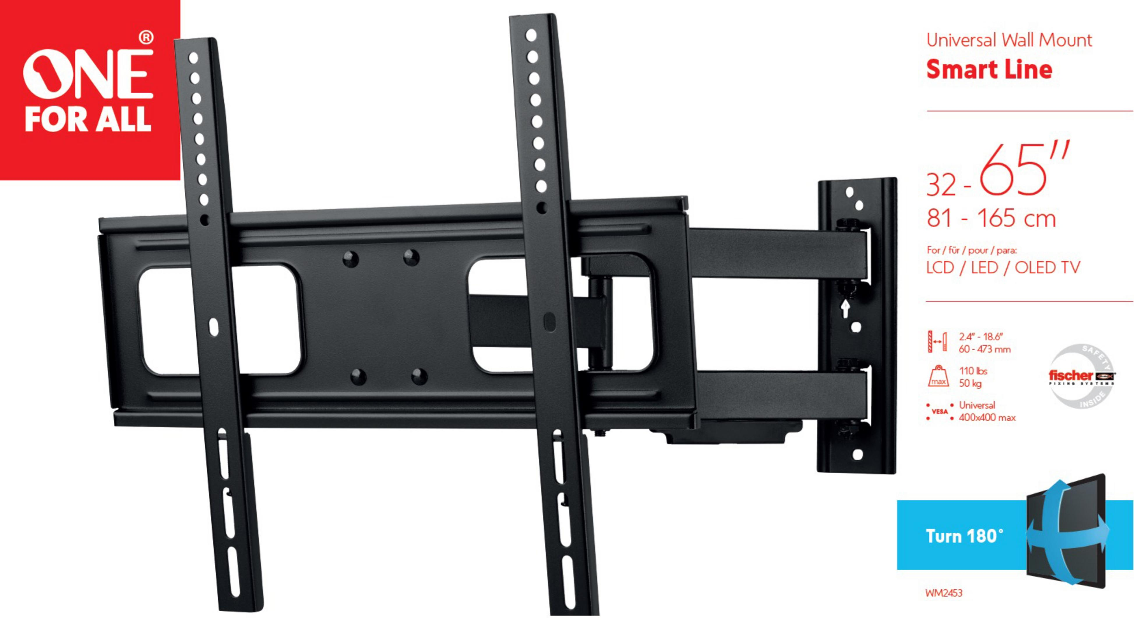 Black TV wall mount with text labels on a white background.