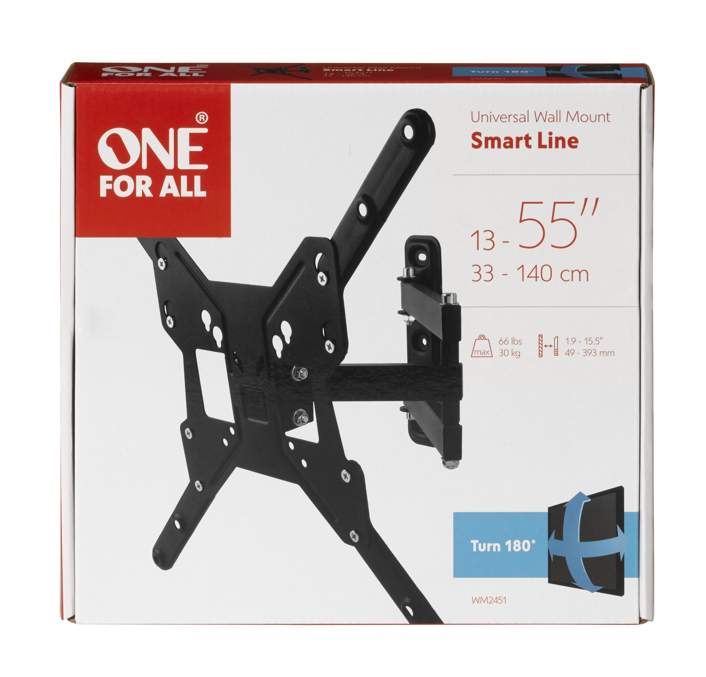 Box shows a universal wall mount for a TV, with a black bracket. Text includes size range.