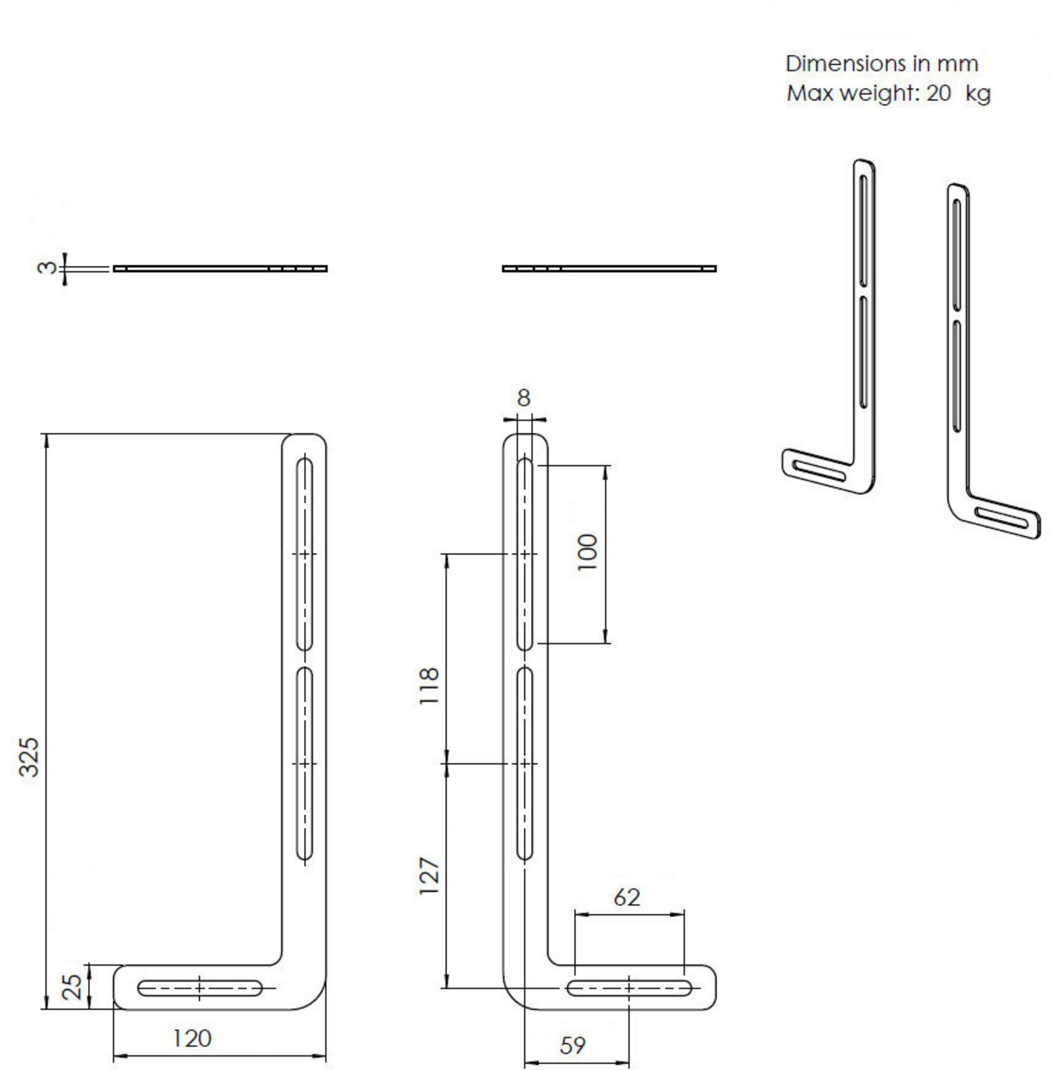 Technische Zeichnungen von Metallhalterungen mit Abmessungen in mm, die verschiedene Ansichten zeigen.