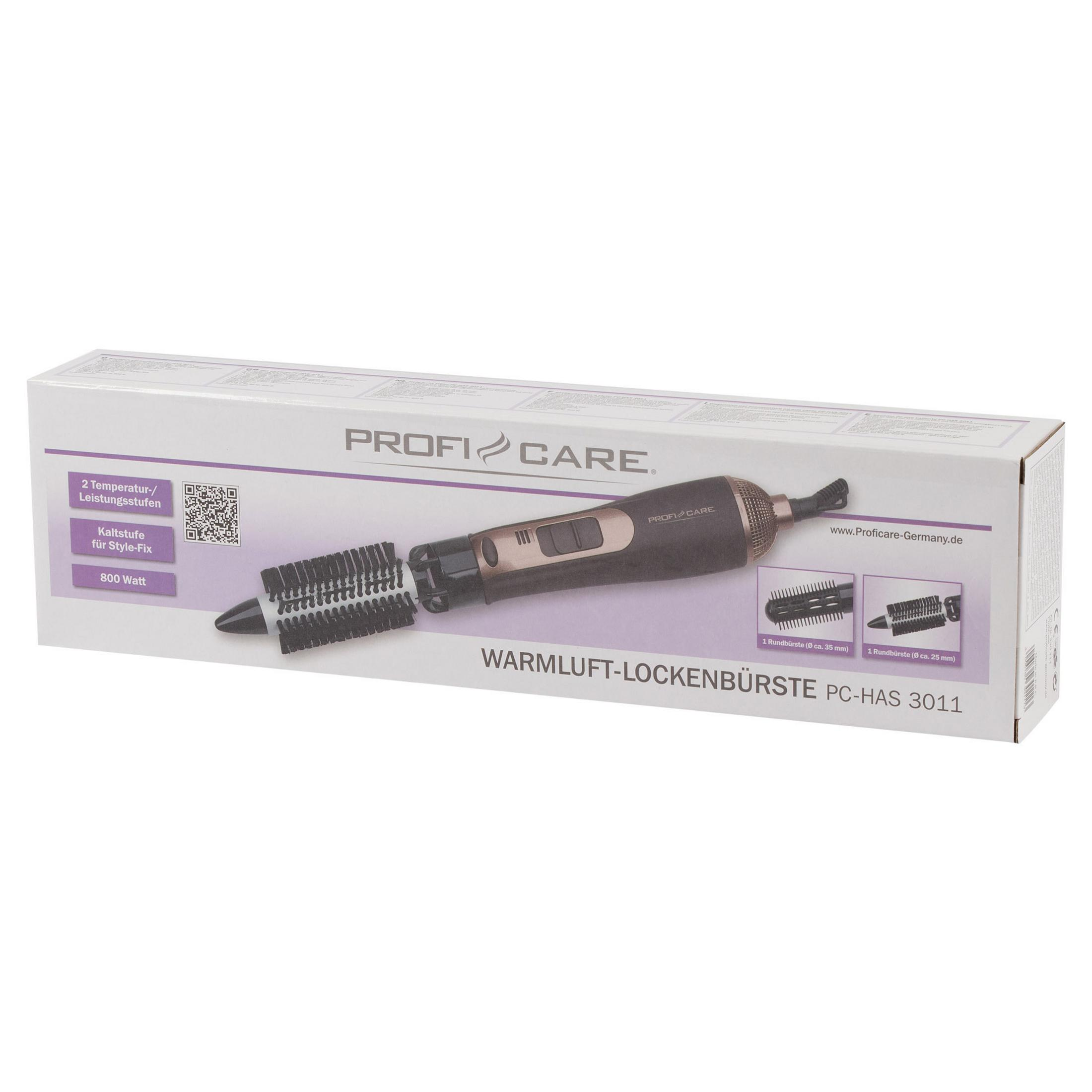 Białe pudełko z napisem 'PROFI CARE' z szczotką do kręcenia włosów. Ma czarny uchwyt i dwie głowice szczotkowe.