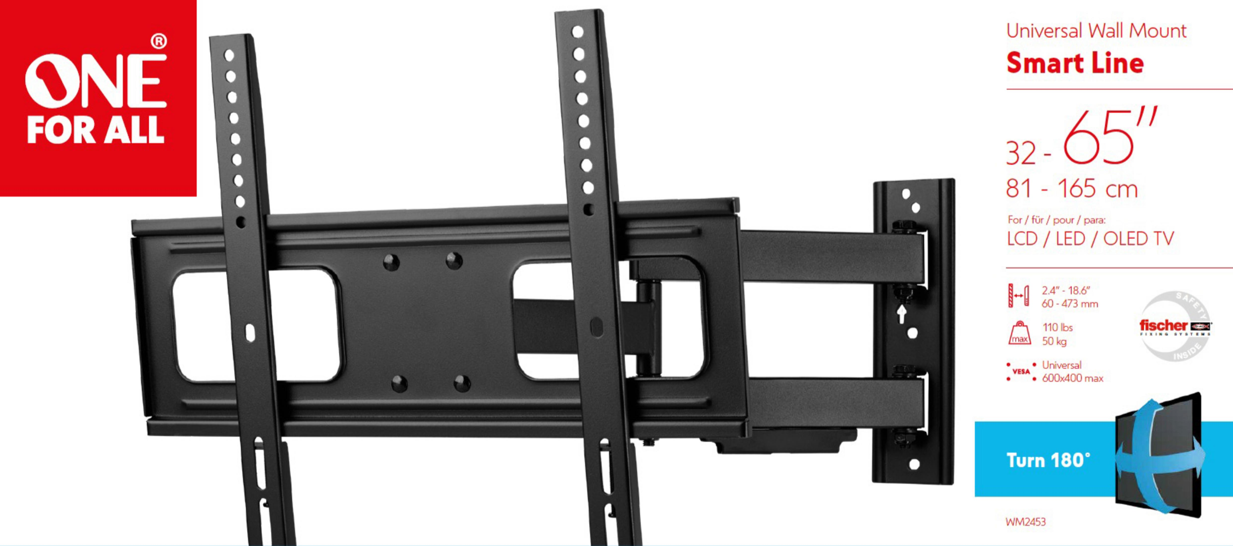 TV wall mount in white background. Arrows show the range of motion.