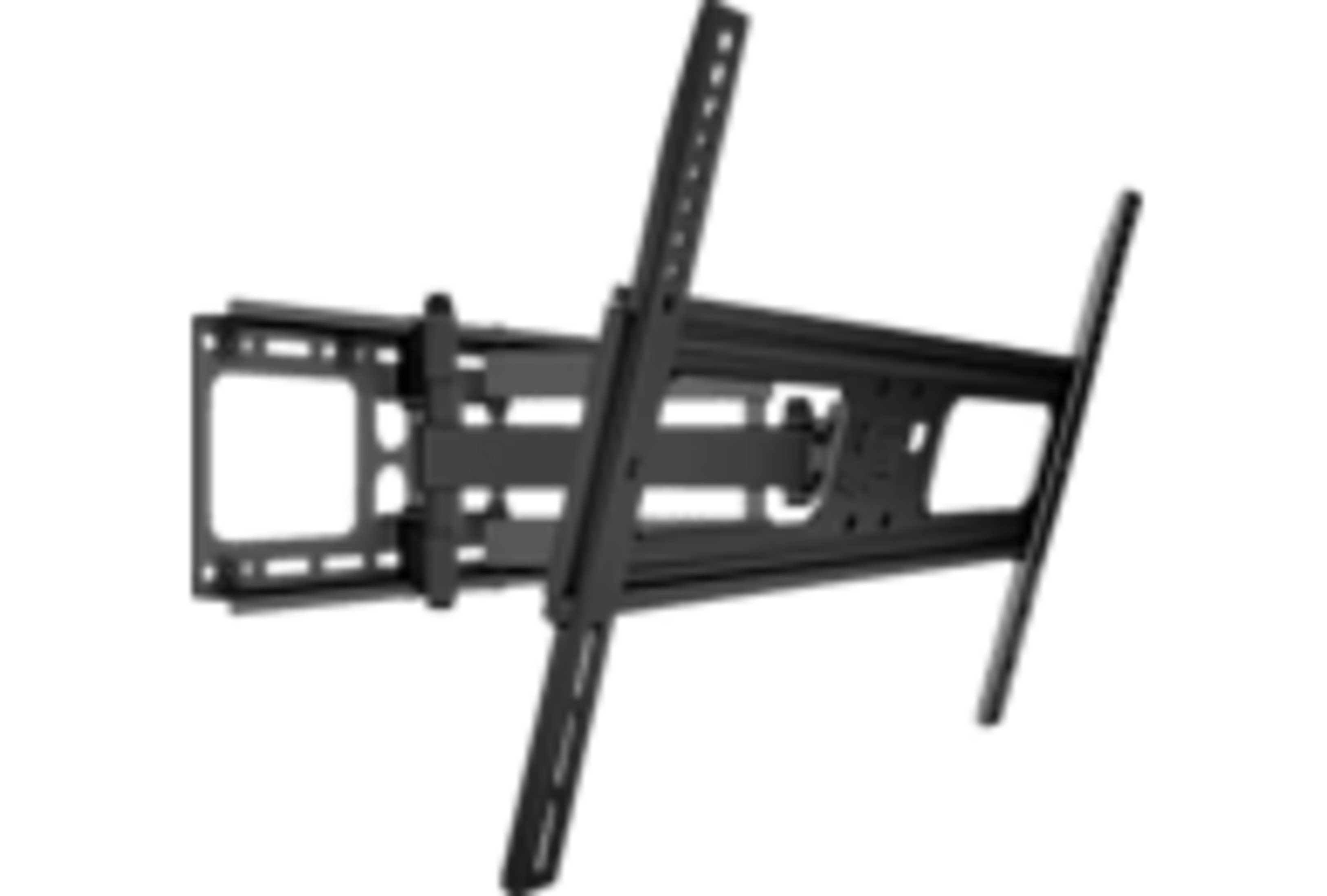 Black TV wall mount bracket, showing its various components and adjustable arms.