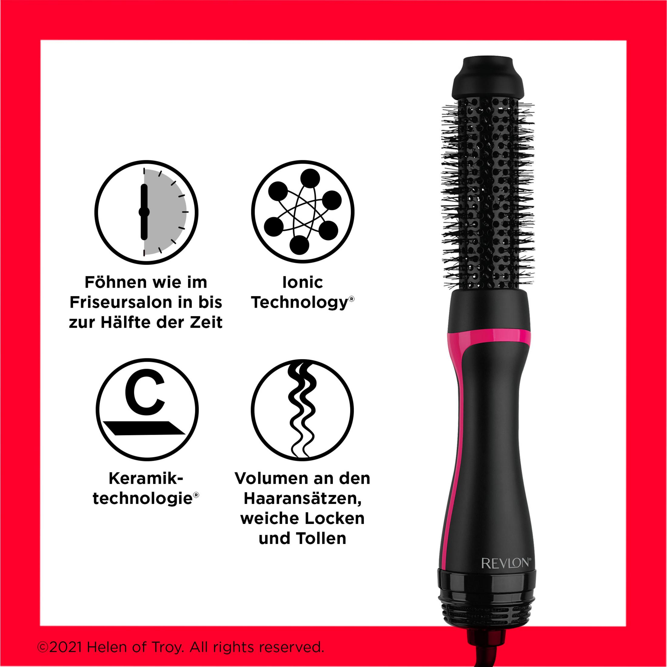 Suszarka do włosów z czarno-różowym uchwytem, z ikonami opisującymi funkcje, takie jak technologia jonowa i ceramiczna.
