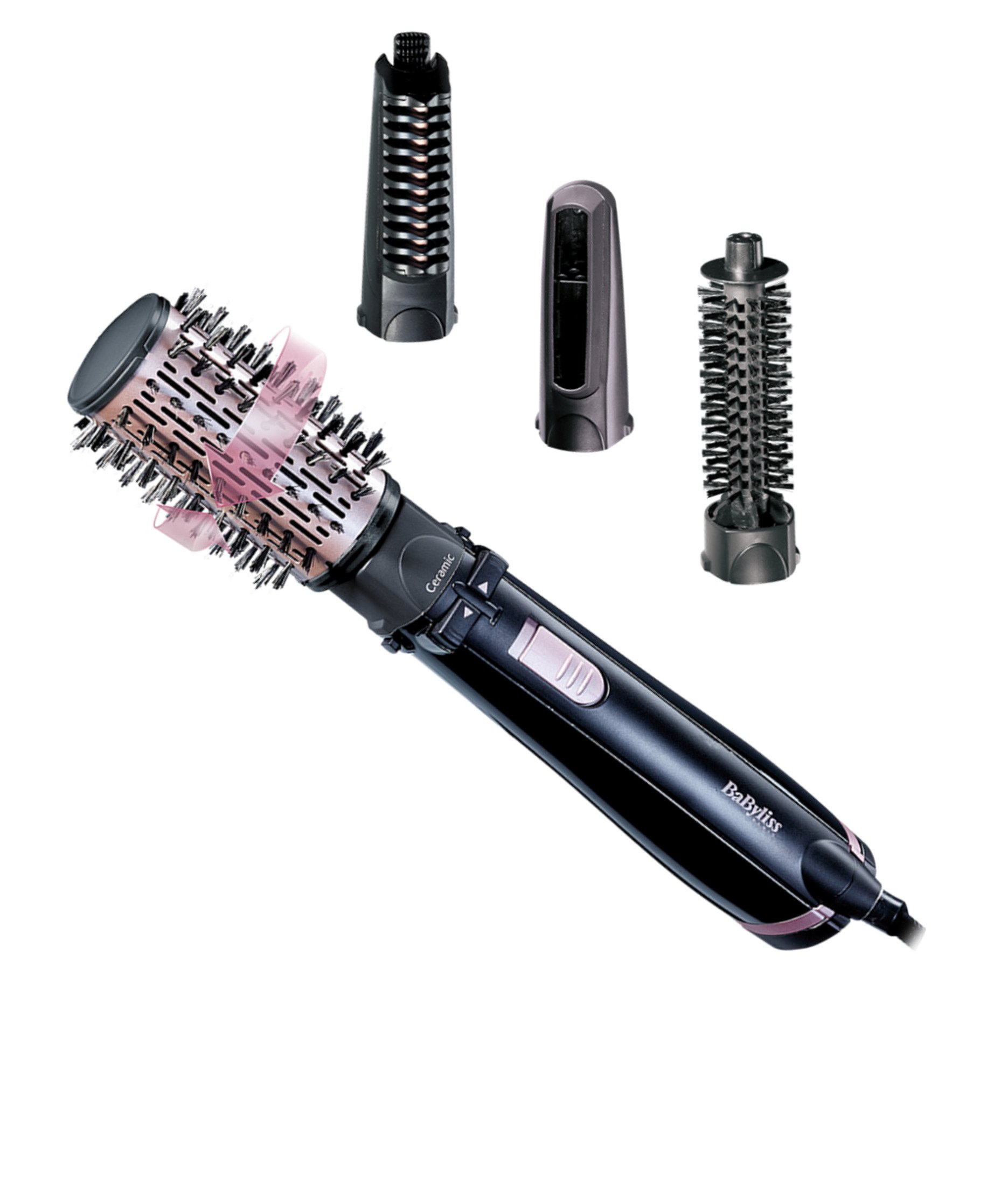 Schwarz-rosa Haarstyler mit Aufsätzen auf weißem Hintergrund, Studioaufnahme.