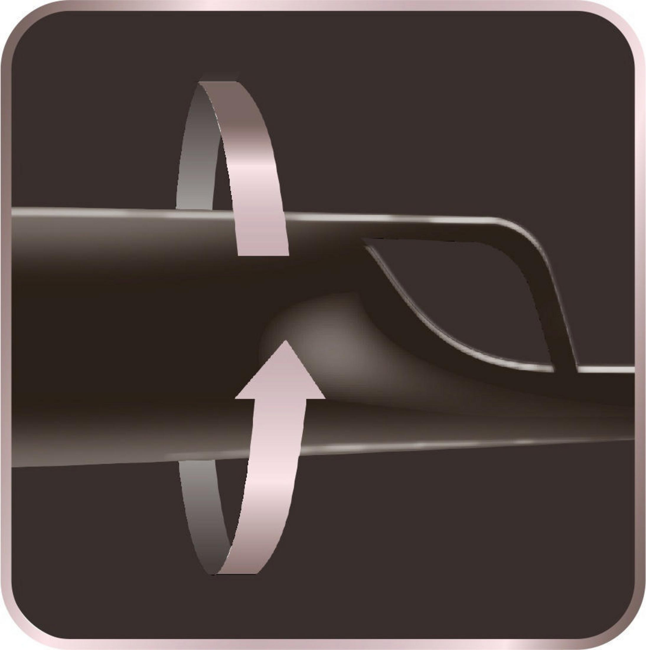 Zbliżenie na obracającą się lokówkę, ze strzałkami wskazującymi kierunek obrotu.