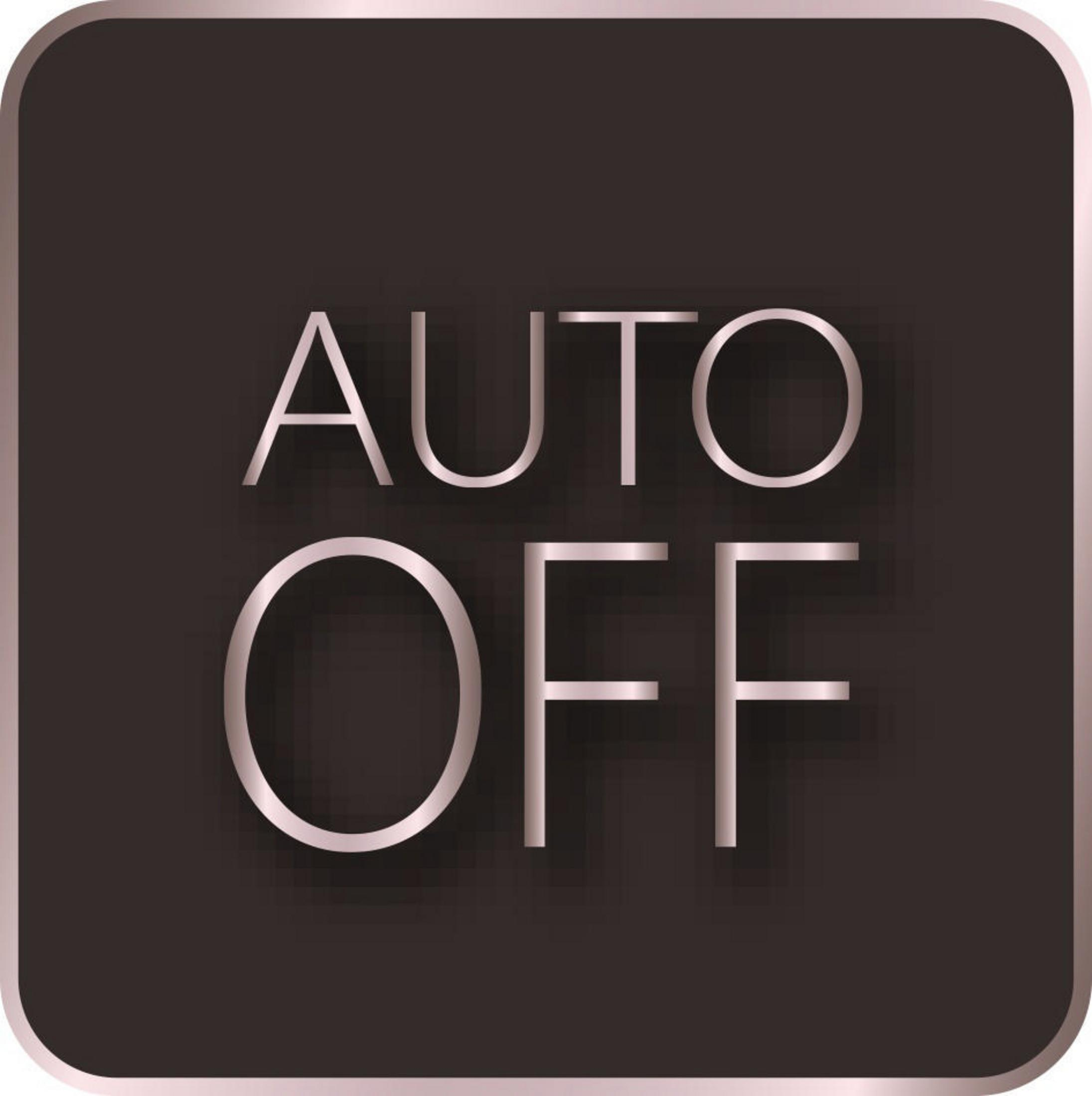 Czarny kwadratowy przycisk z białym napisem 'AUTO OFF'.