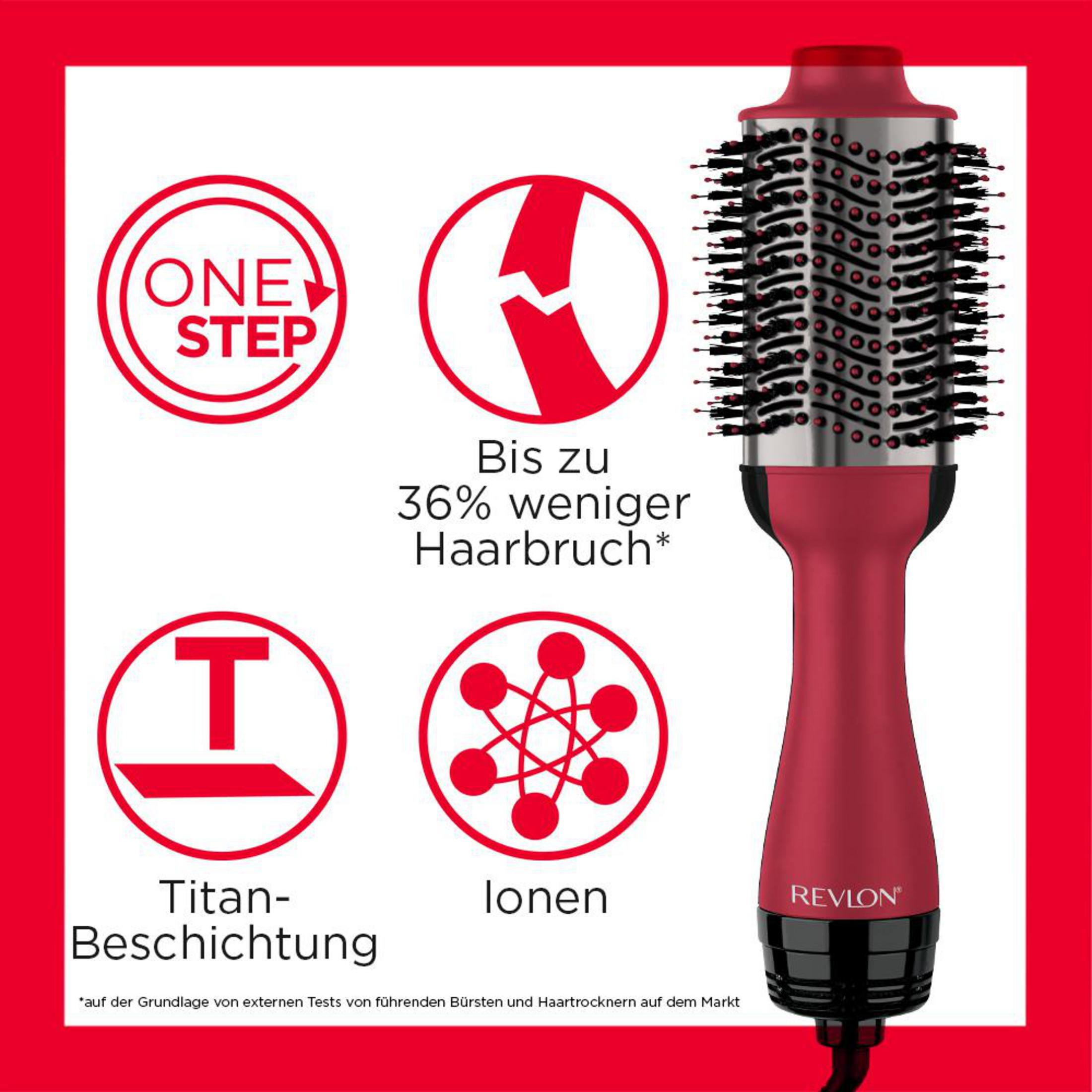 Una spazzola per capelli rossa con testo "One Step" e "Revlon".