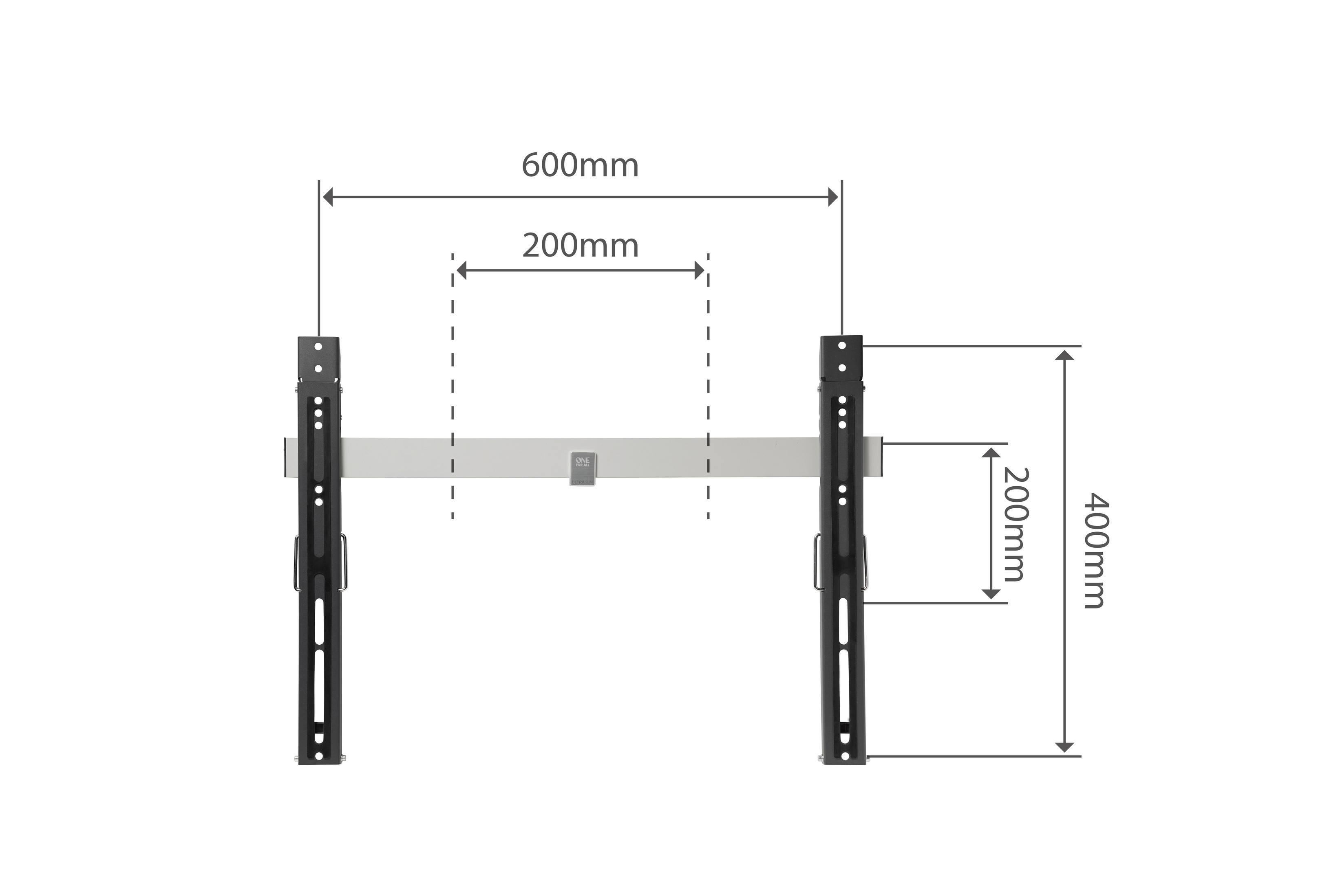 Diagram van een tv-beugel met afmetingen en afmetingen aangegeven.