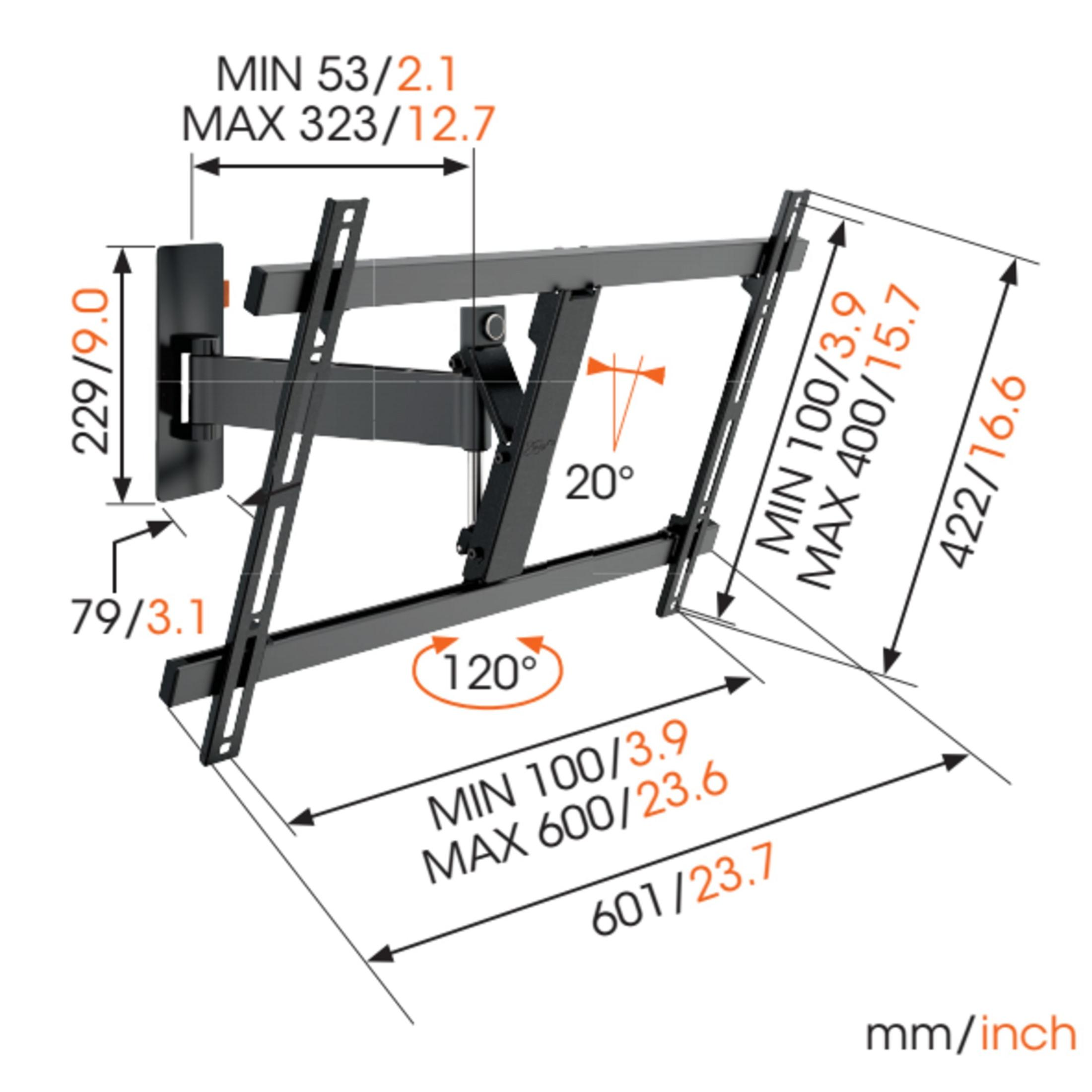 TV-Wandhalterung mit Maßen und Winkeln. Schwarz mit Maßen in mm/Zoll.