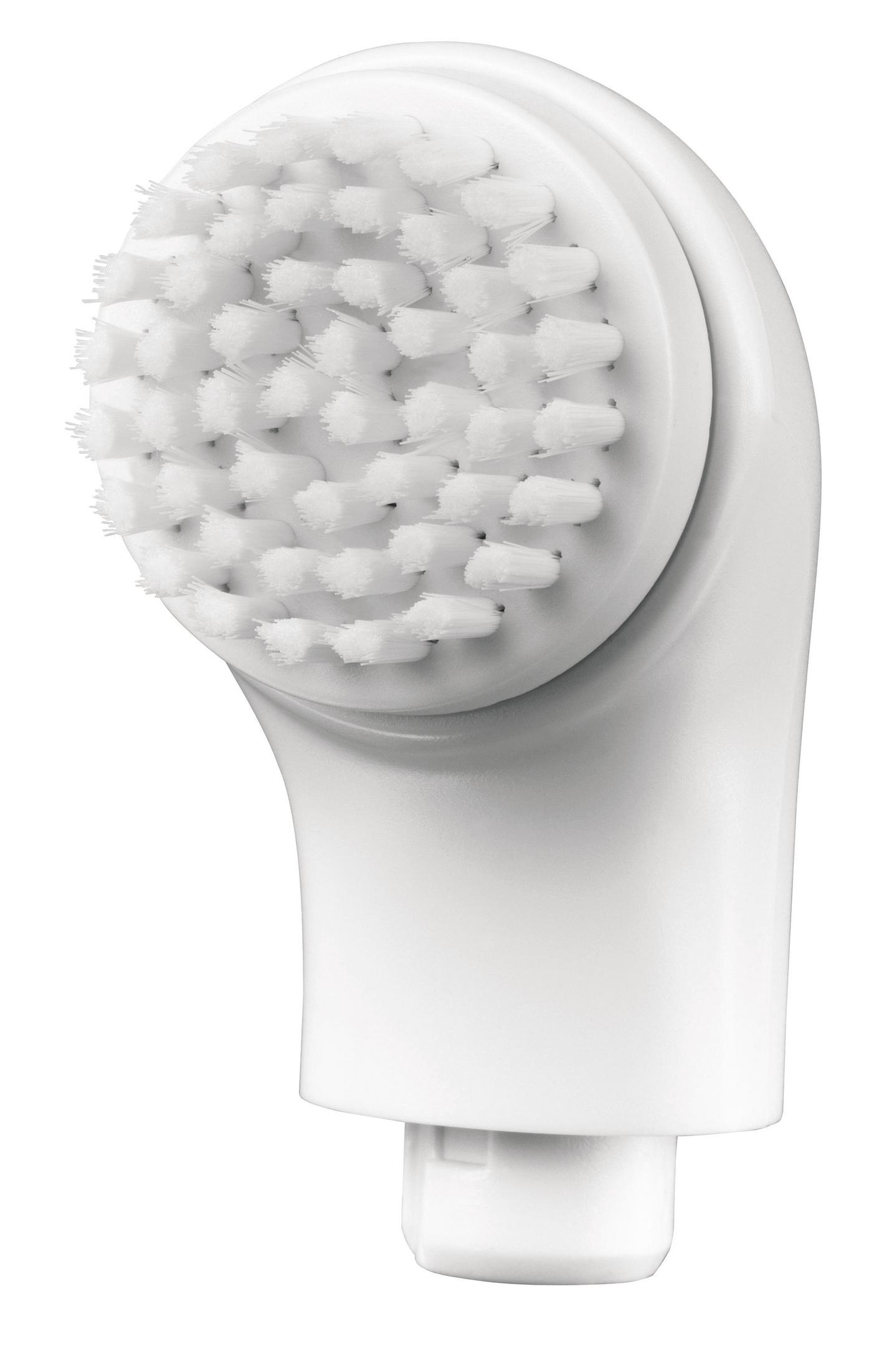 Gros plan d'une tête de brosse nettoyante pour le visage blanche avec des poils blancs sur fond blanc.