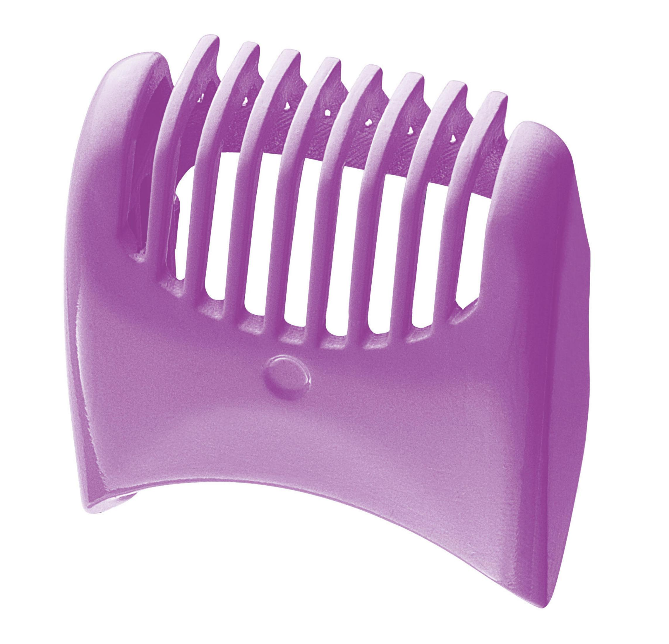 Un accessoire de toilettage violet avec des arêtes en forme de dents.