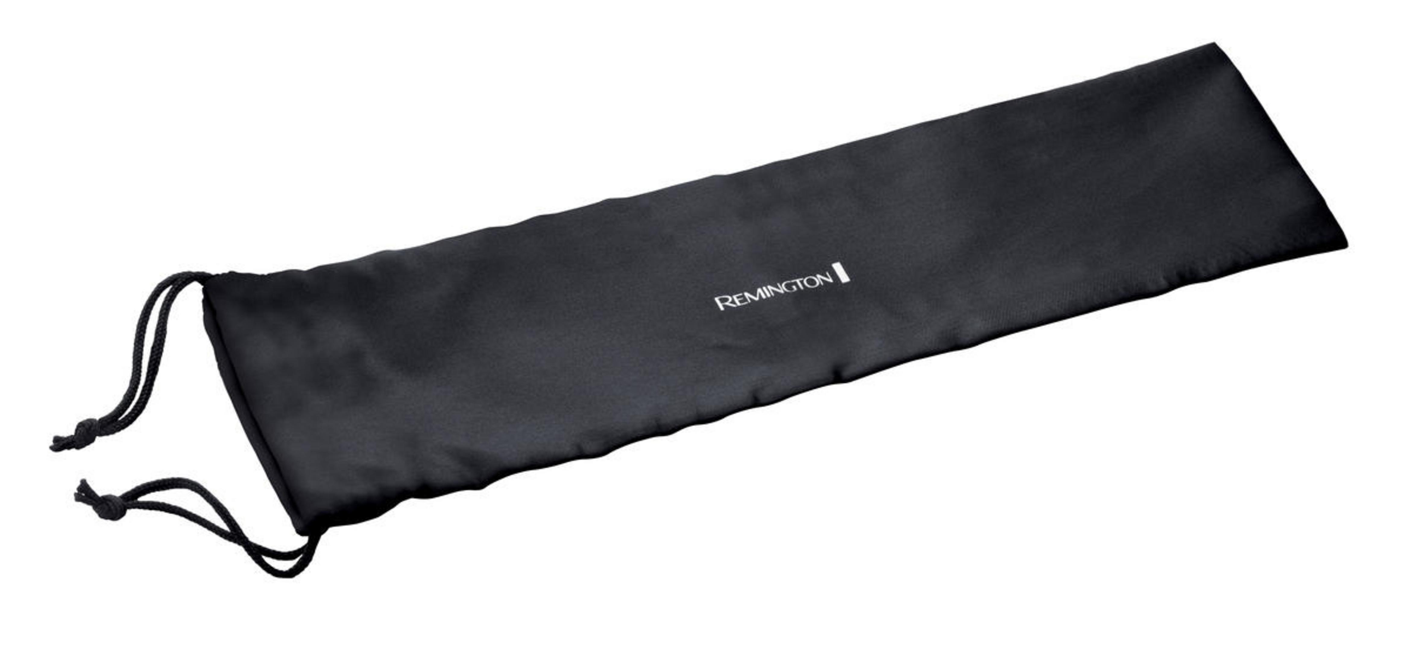 Schwarze, zylindrische Tasche mit Kordelzug. Sie hat das Logo 'Remington' in Weiß auf der Vorderseite.