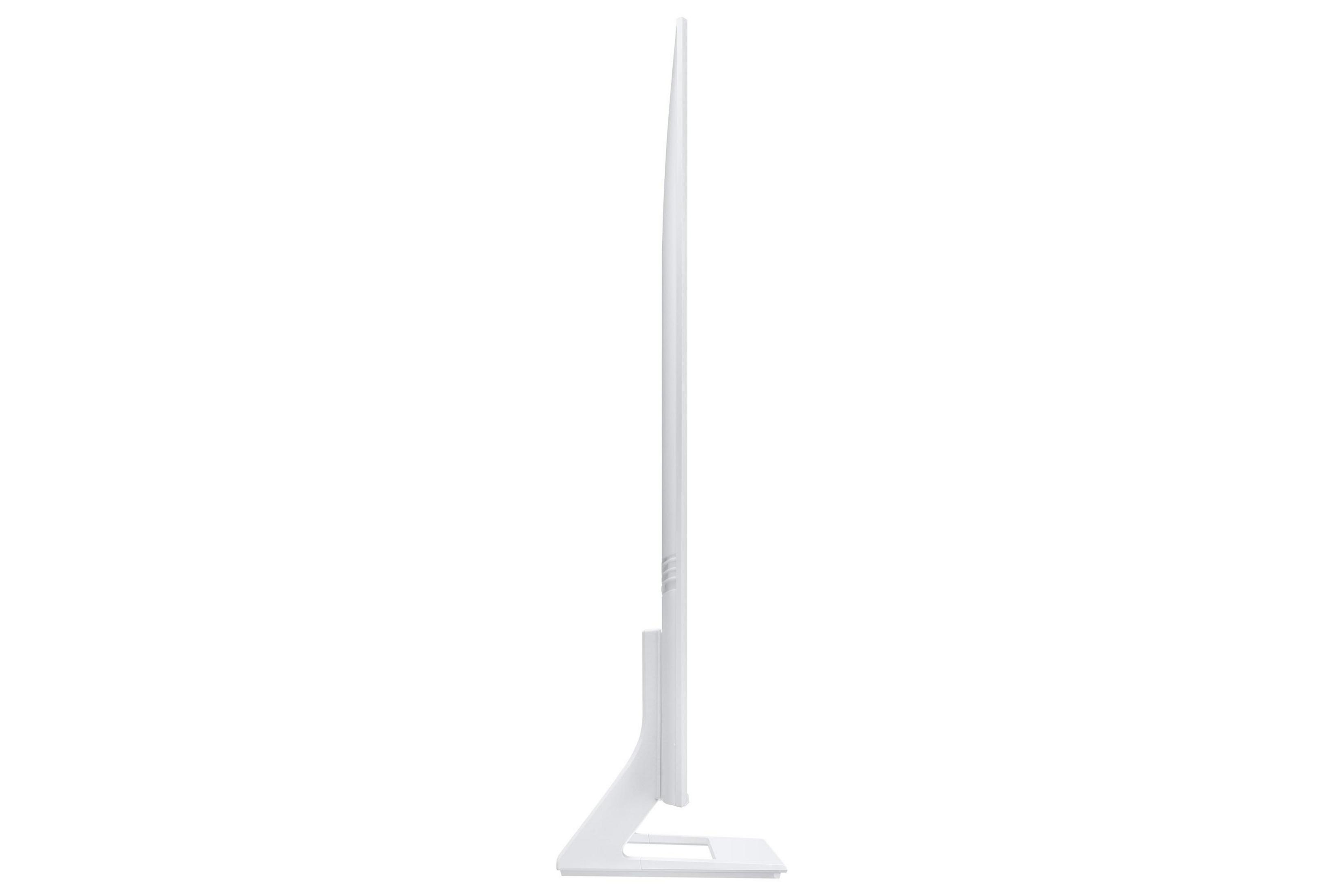 Biały, boczny profil nowoczesnego, minimalistycznego telewizora z płaskim ekranem. Ekran jest wyłączony.