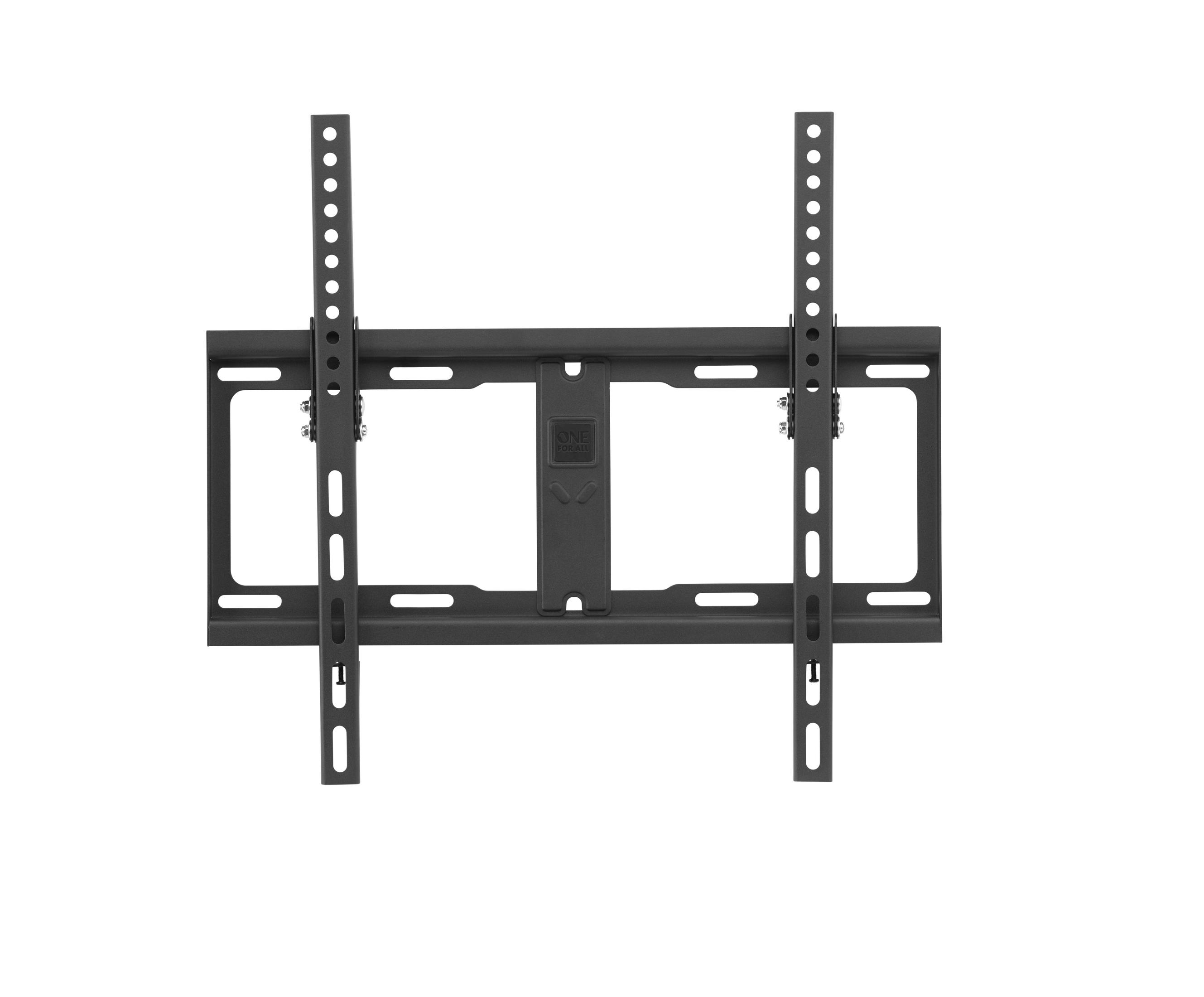 Een zwarte tv-beugel, ontworpen voor wandmontage, met verticale rails en een centrale beugel.