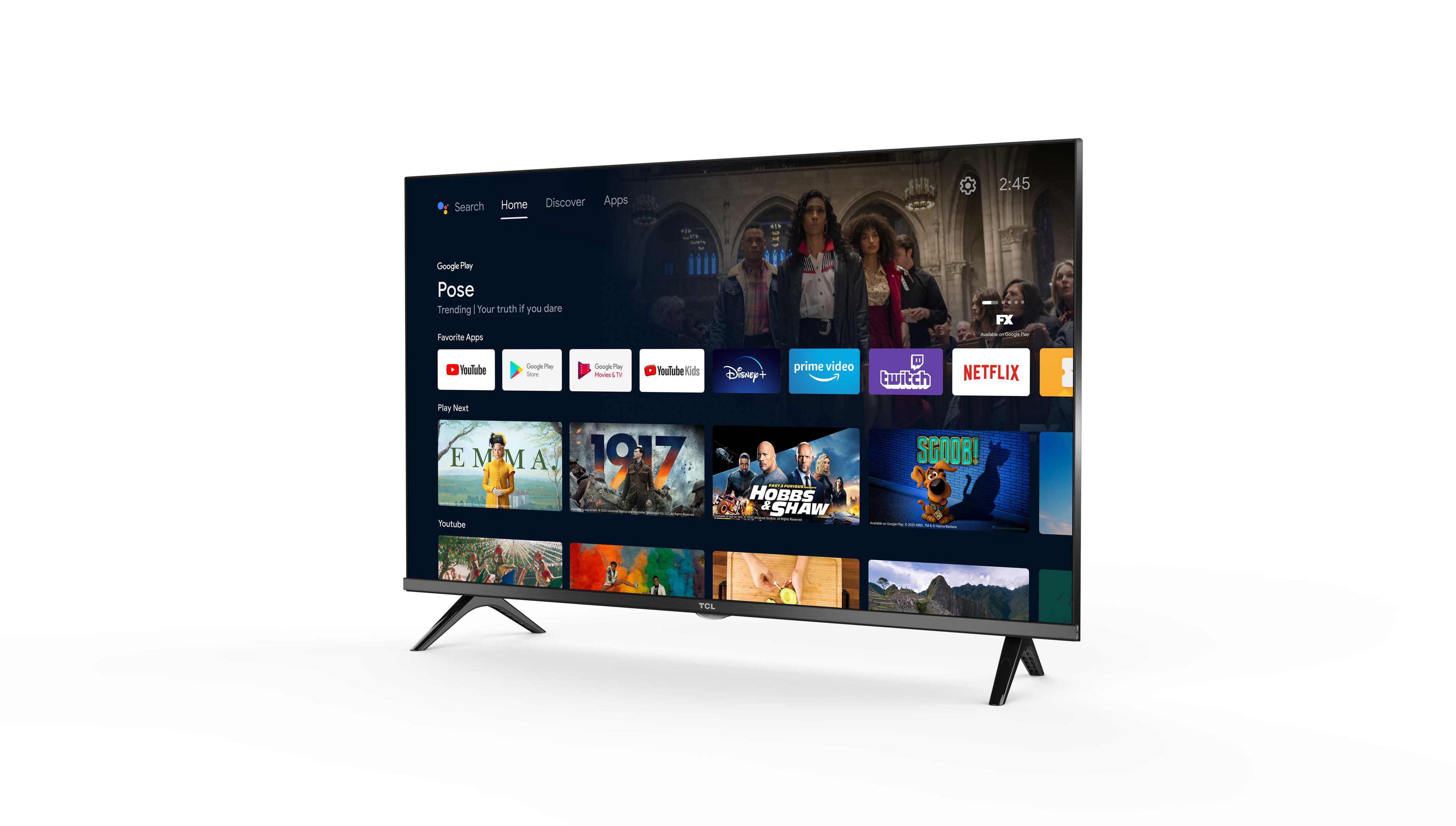 Un televisor moderno que muestra una interfaz de smart TV. El televisor tiene marco negro y dos patas.