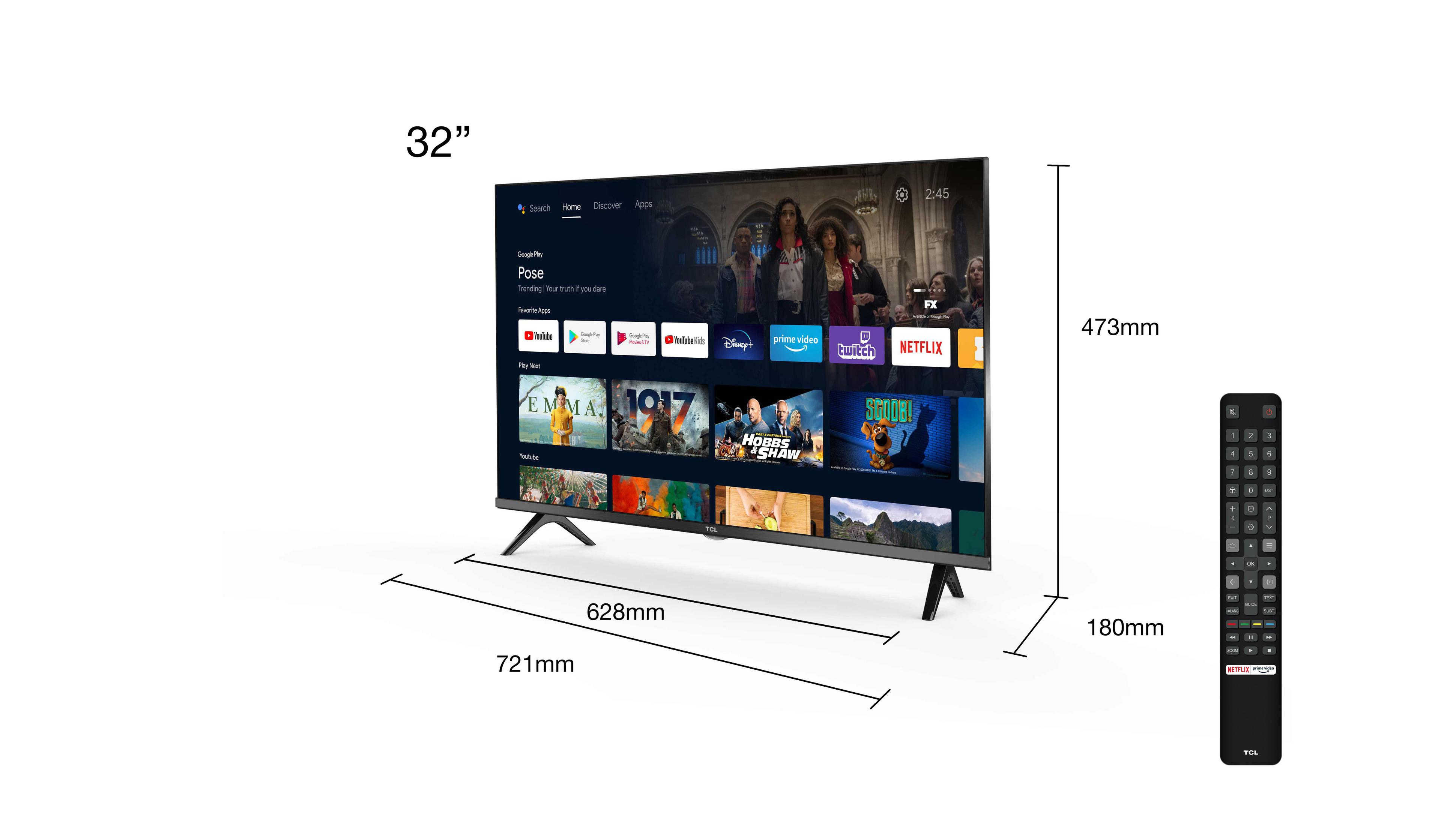 Un televisor de 32" con una pantalla que muestra una interfaz de servicio de transmisión, con control remoto.