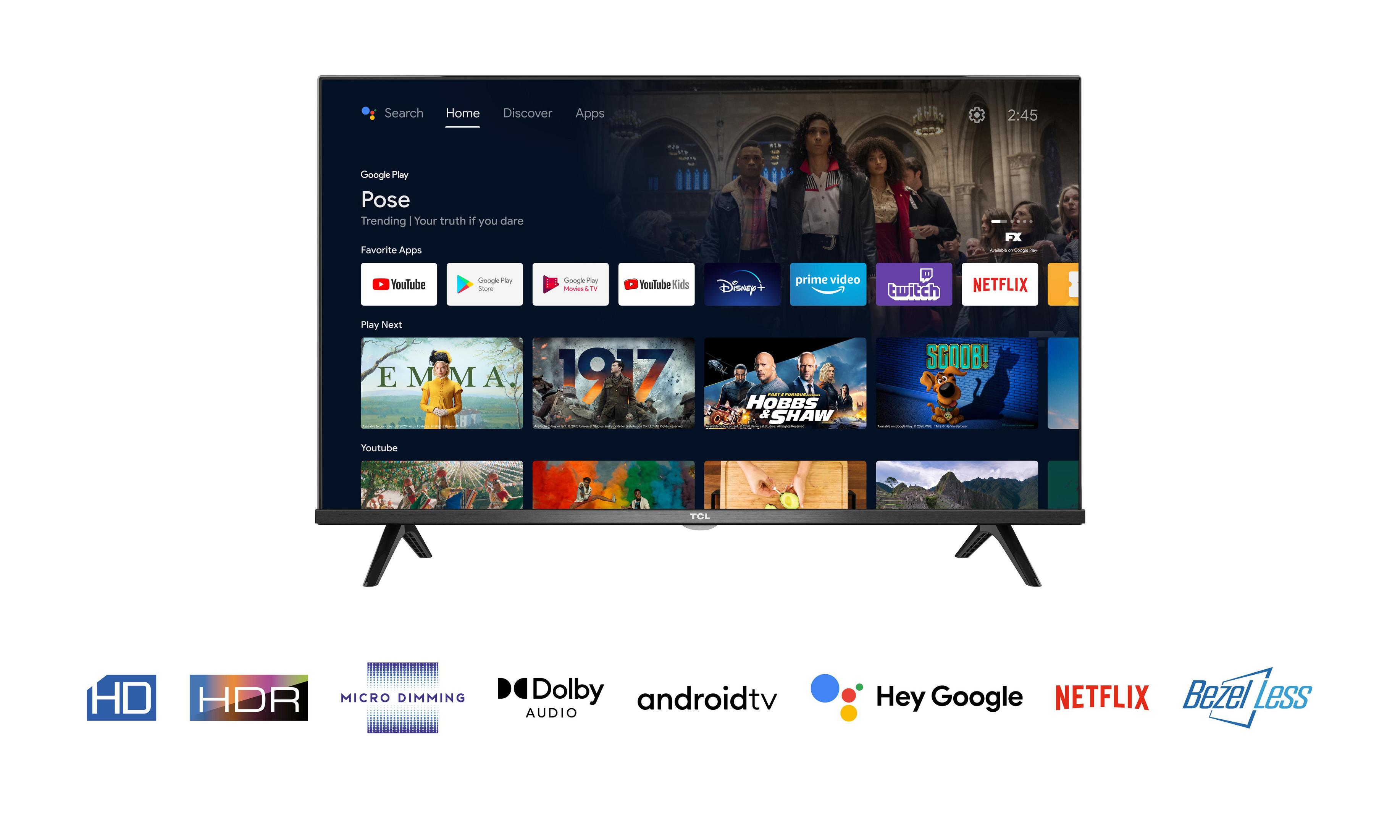 TV TCL mostrando pantalla de inicio con iconos de aplicaciones, logos HD, HDR y Dolby Audio.