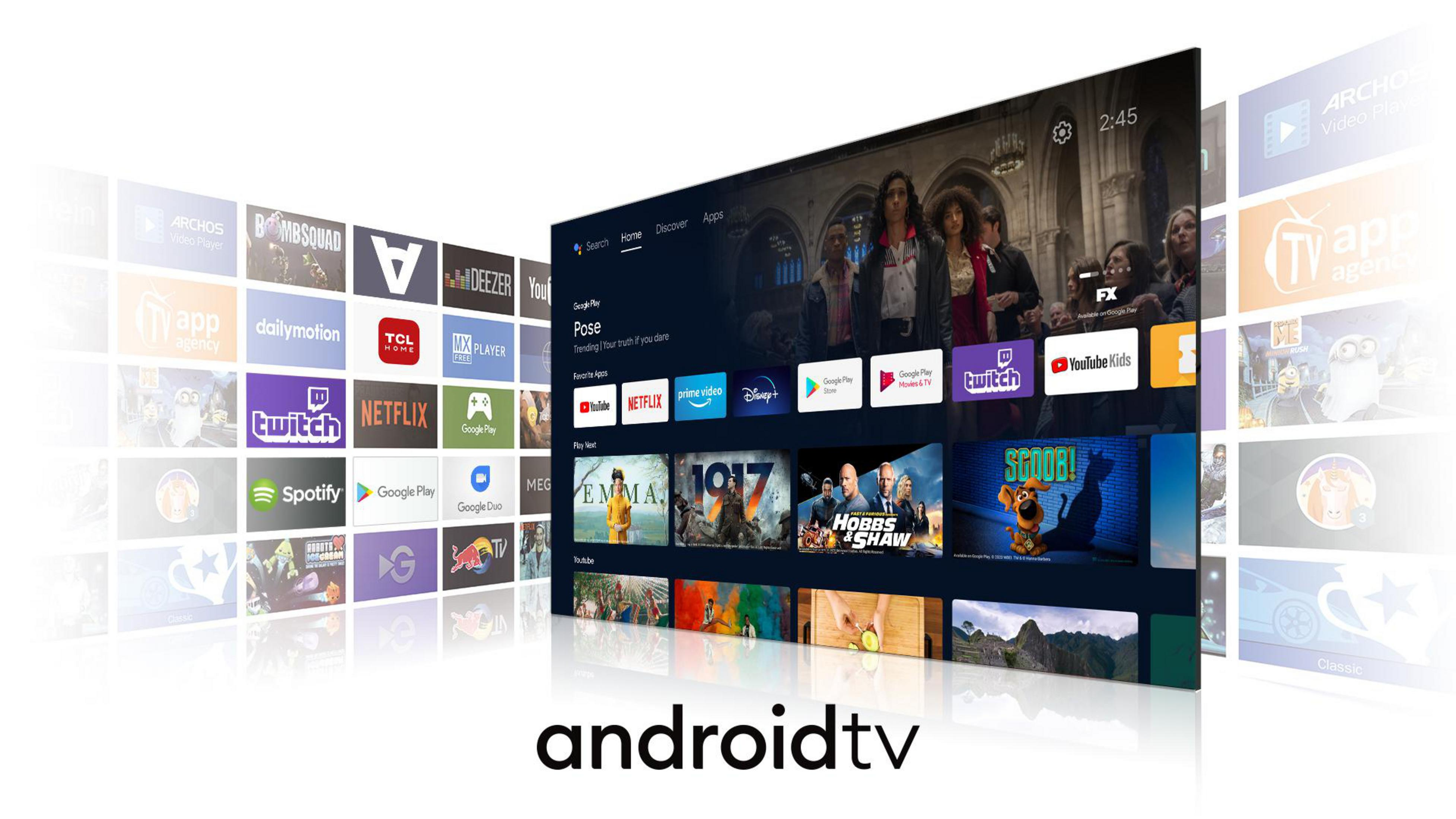 Un Smart TV muestra aplicaciones y contenido. Otras pantallas muestran iconos de aplicaciones. Logo Android TV.