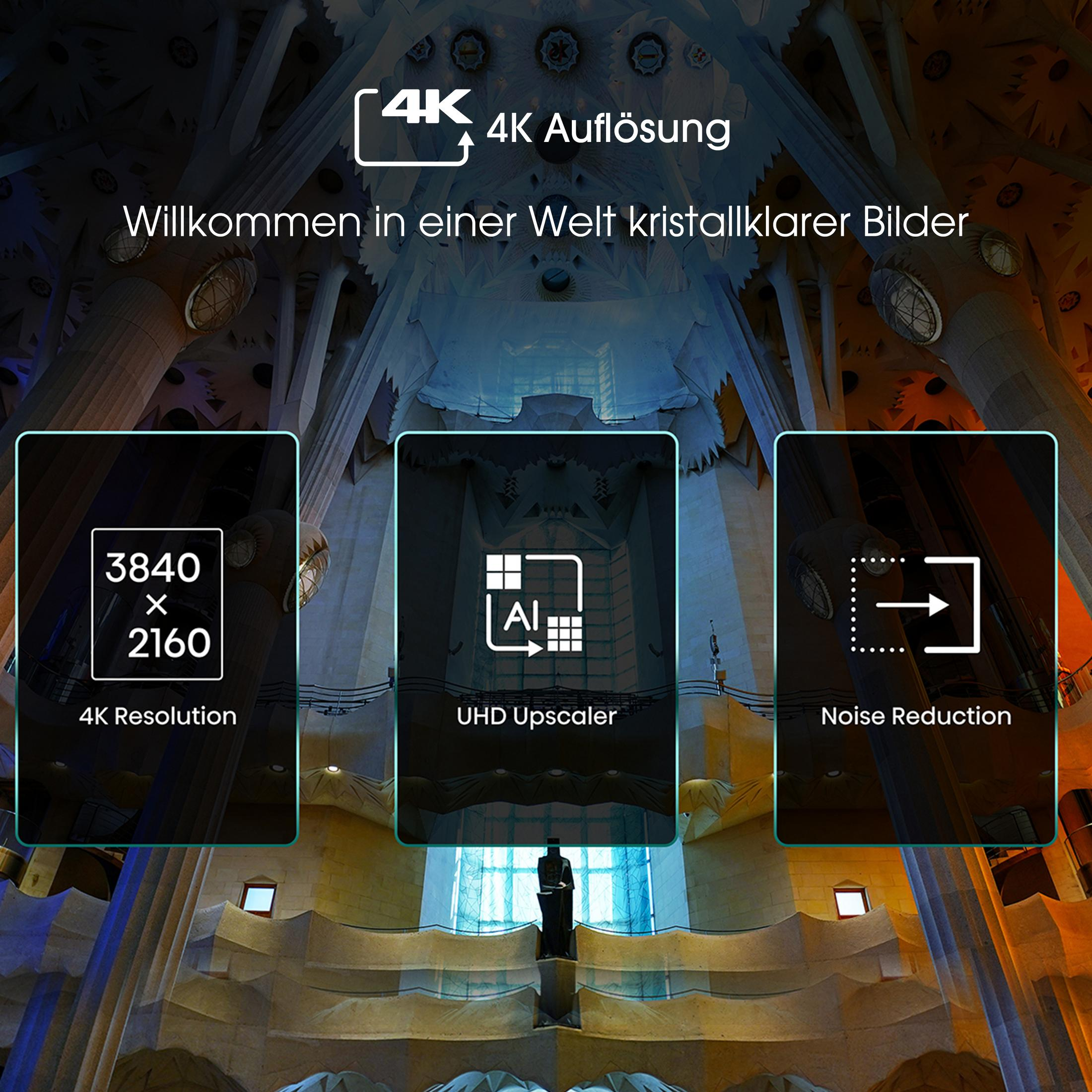 Obraz wnętrza kościoła z tekstem o rozdzielczości 4K, UHD Upscaler i redukcji szumów.