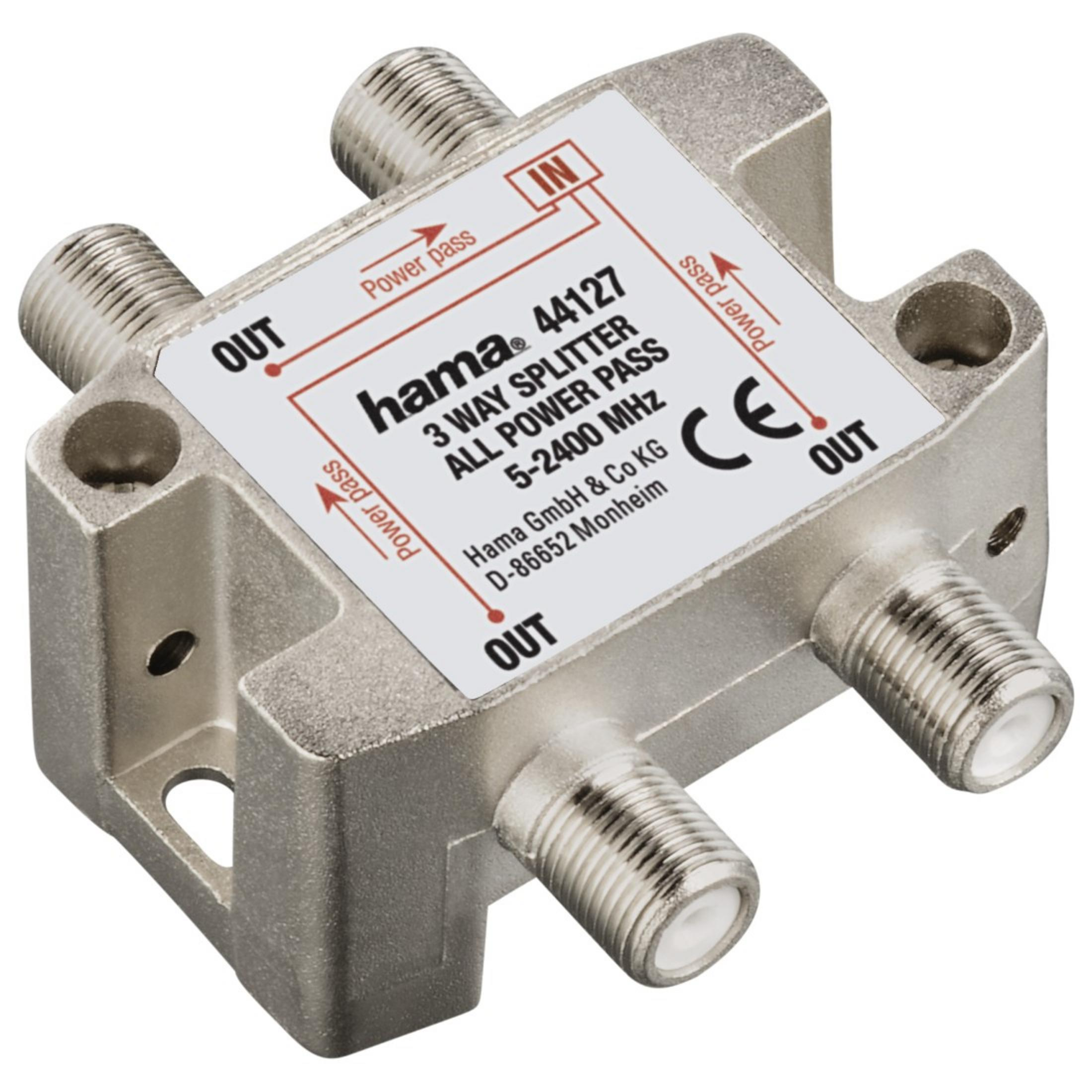 Silberner 3-Wege-Splitter mit Eingangs- und Ausgangsanschlüssen, beschriftet mit Power-Pass-Anweisungen.