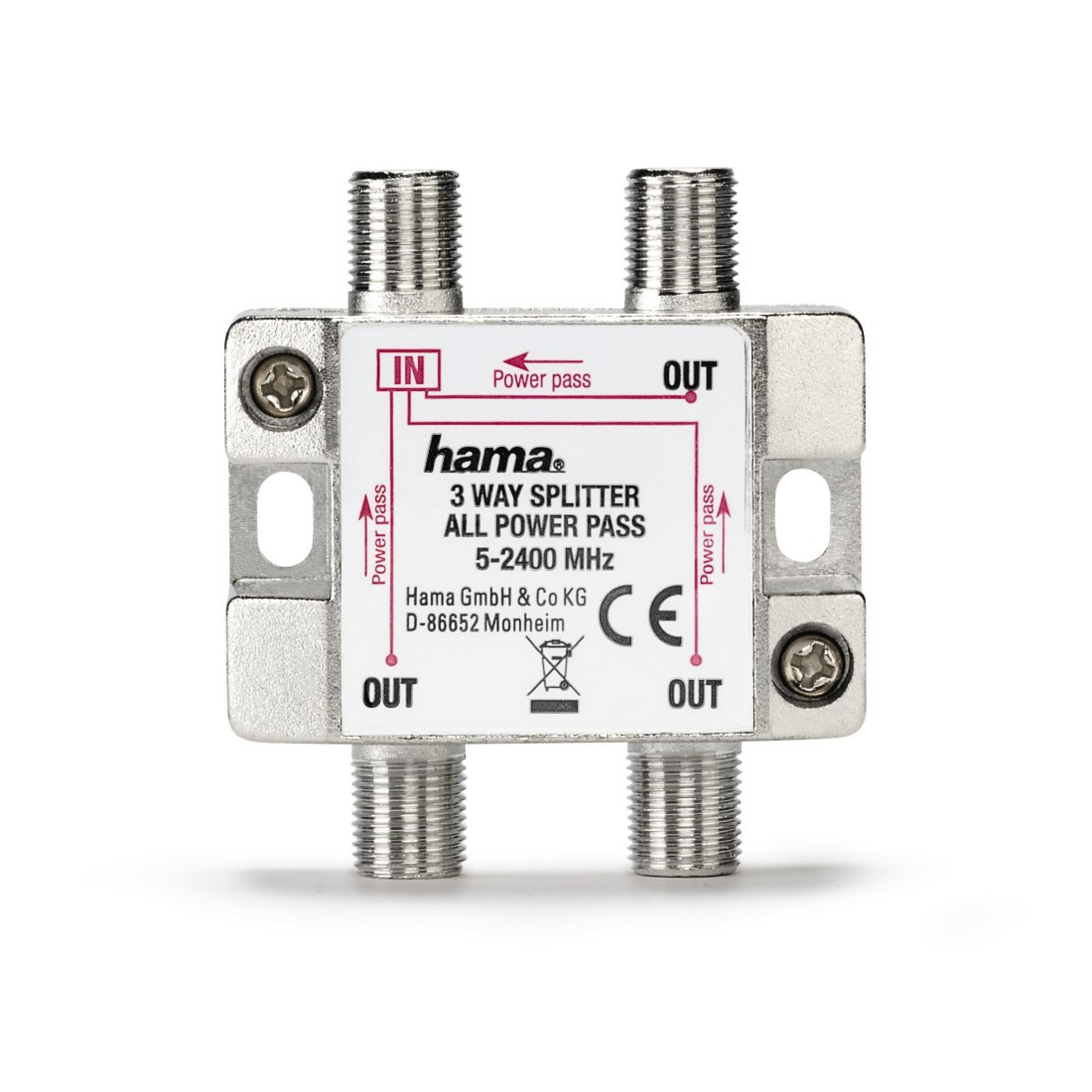 Silberner Splitter mit IN-, OUT-Anschlüssen. Text: 3 WAY SPLITTER ALL POWER PASS, 5-2400 MHz.