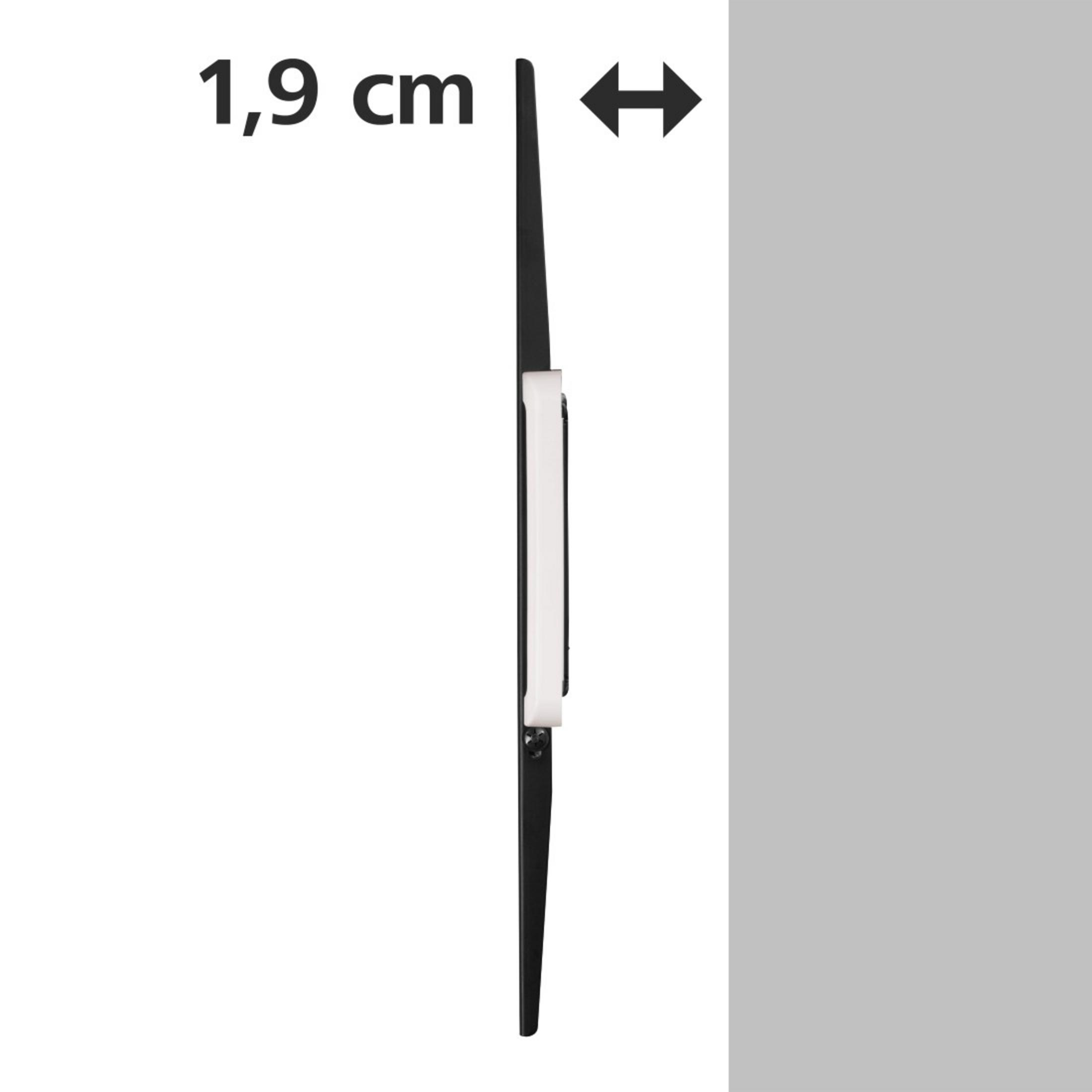 Vue latérale d'un support mural TV noir. La mesure indique une épaisseur de 1,9 cm.