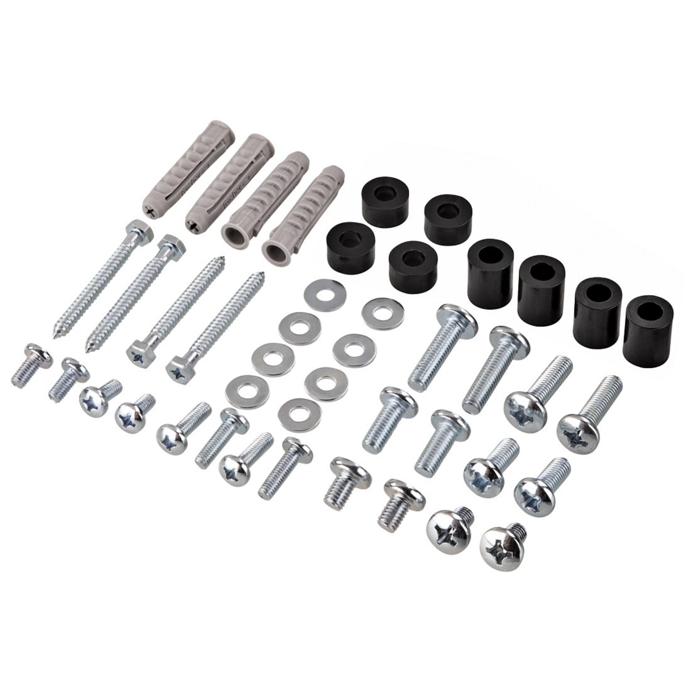 Hardware-Set aus Schrauben, Bolzen und Ankern, angeordnet auf einer weißen Oberfläche.