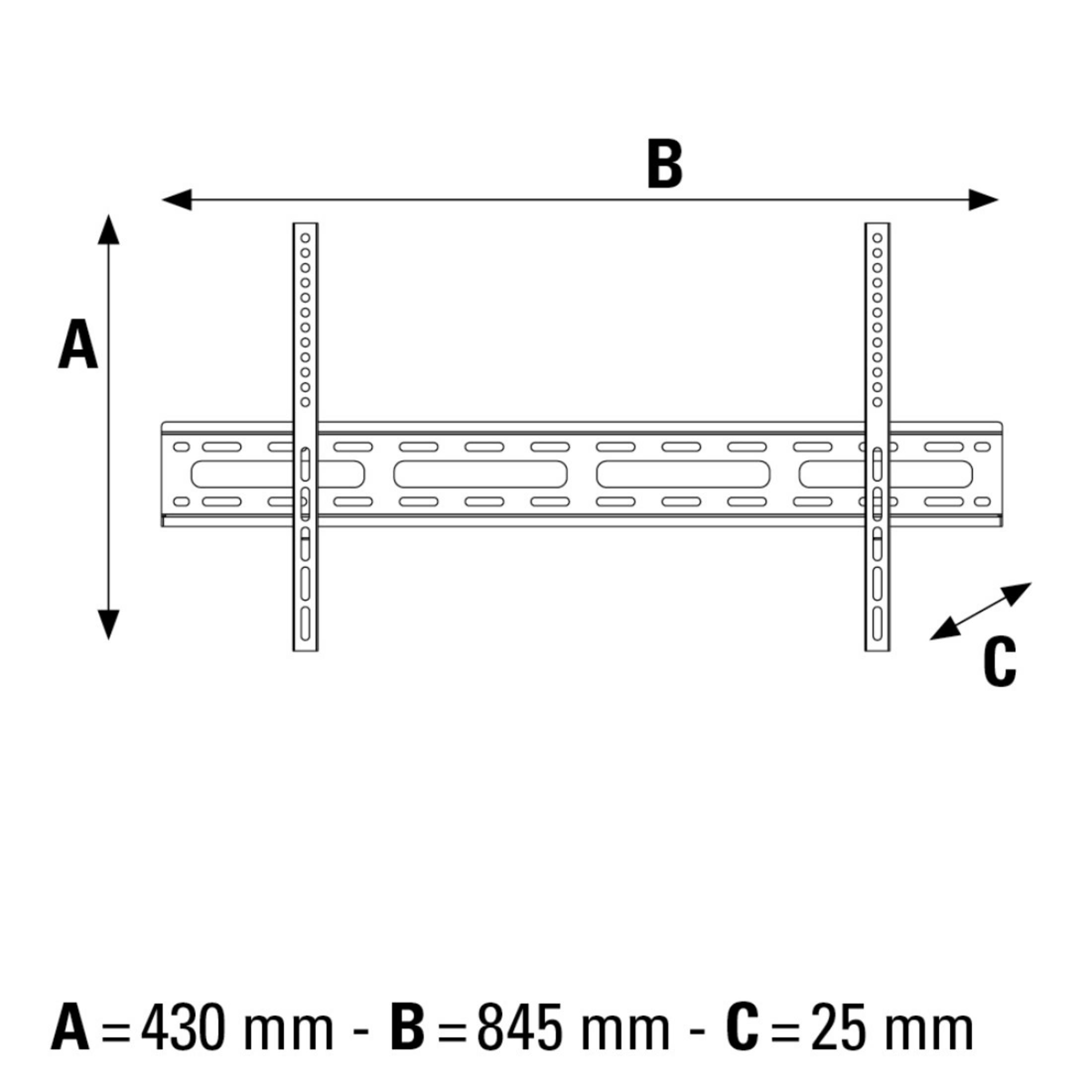 Diagramm einer TV-Wandhalterung, mit Abmessungen: A=430mm, B=845mm, C=25mm, auf weißem Hintergrund.