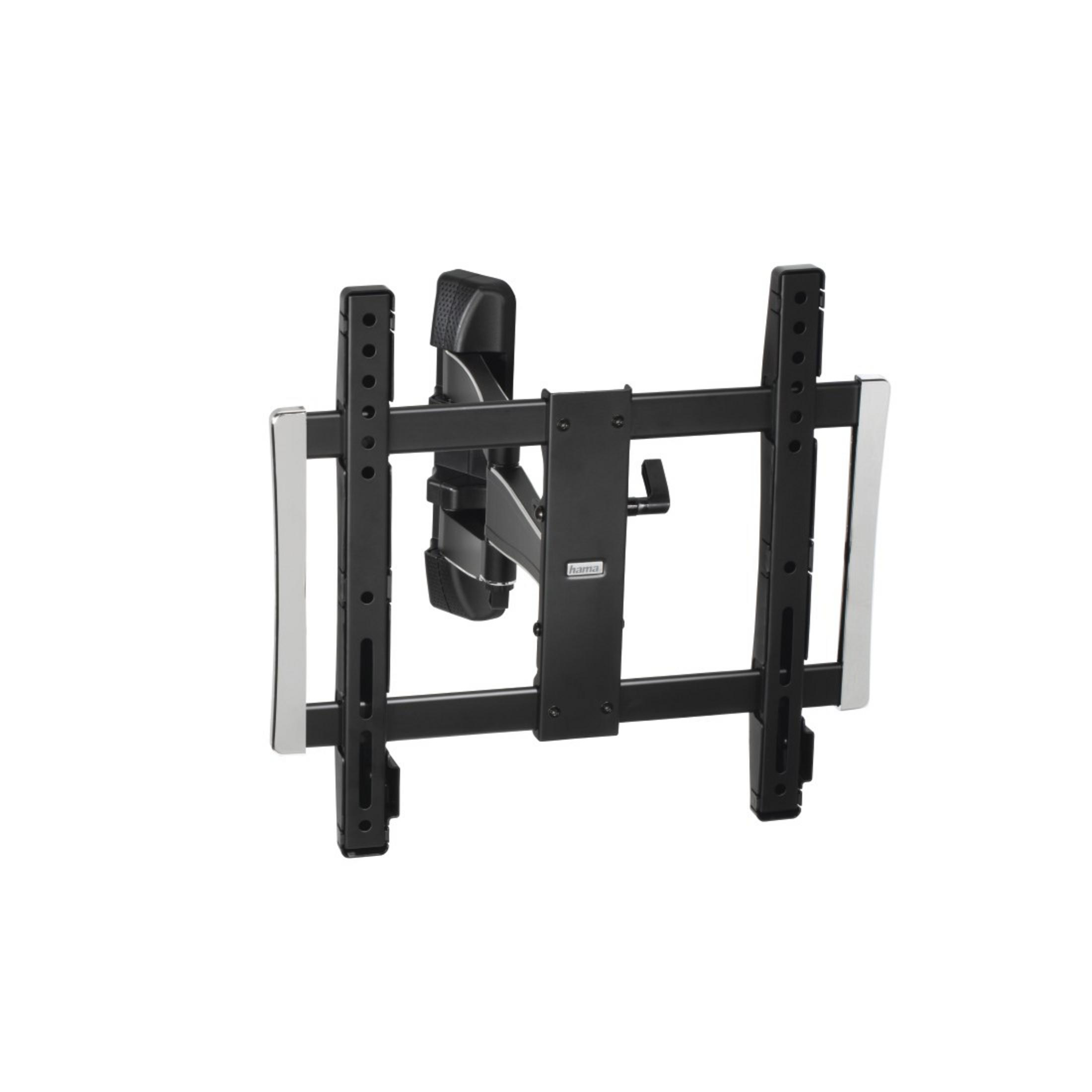 Soporte de pared para TV negro con brazos ajustables. El soporte está sobre un fondo blanco.