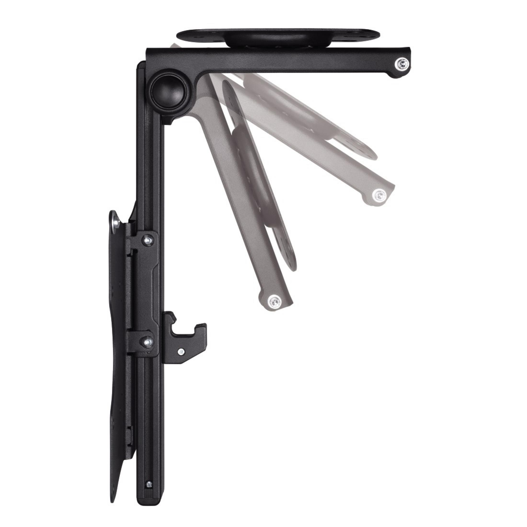 Un soporte de pared para TV negro con brazos ajustables, que muestra diferentes posiciones angulares.