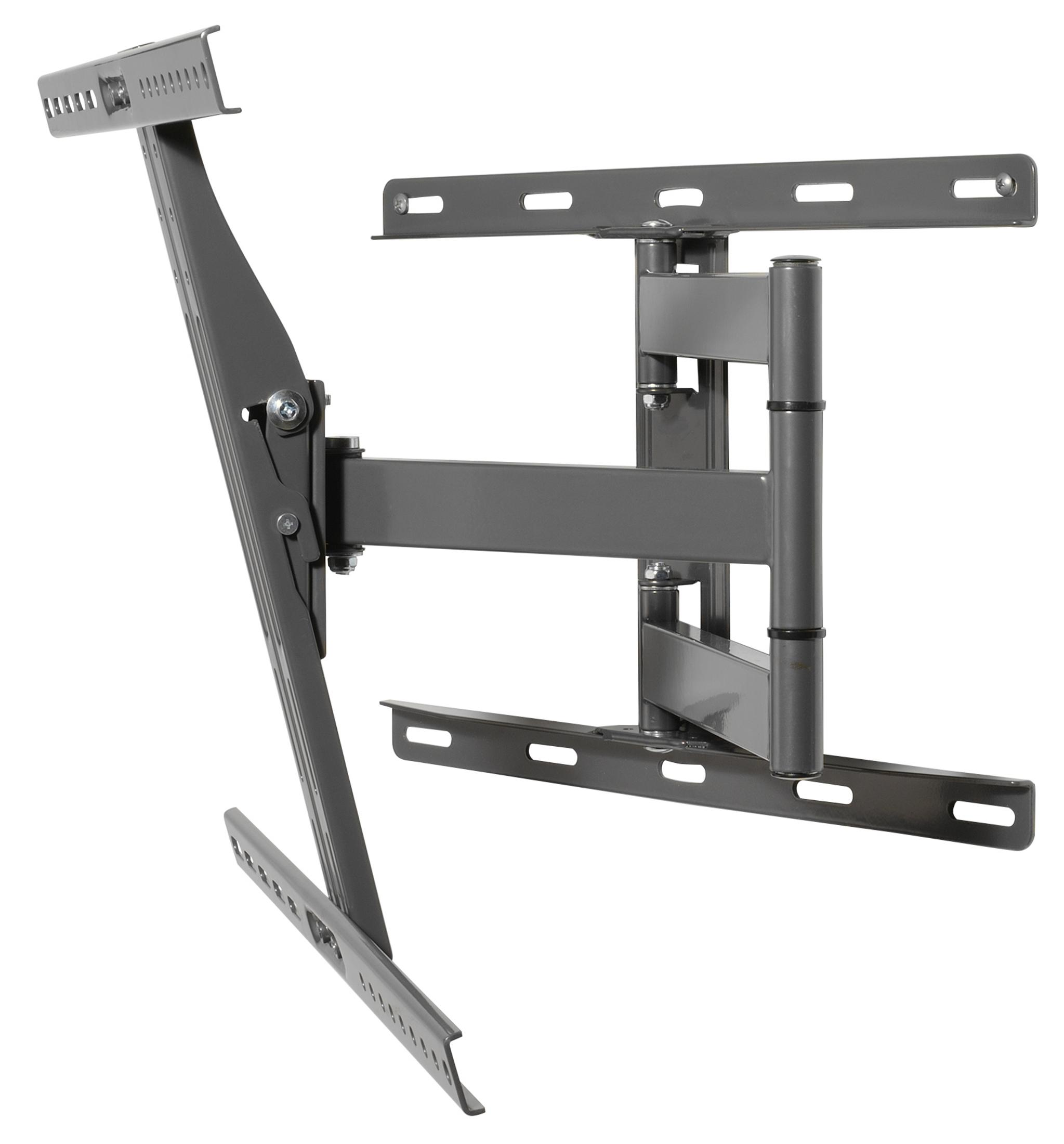 Supporto TV grigio, bracci regolabili. Progettato per montaggio a parete, con più punti di articolazione.